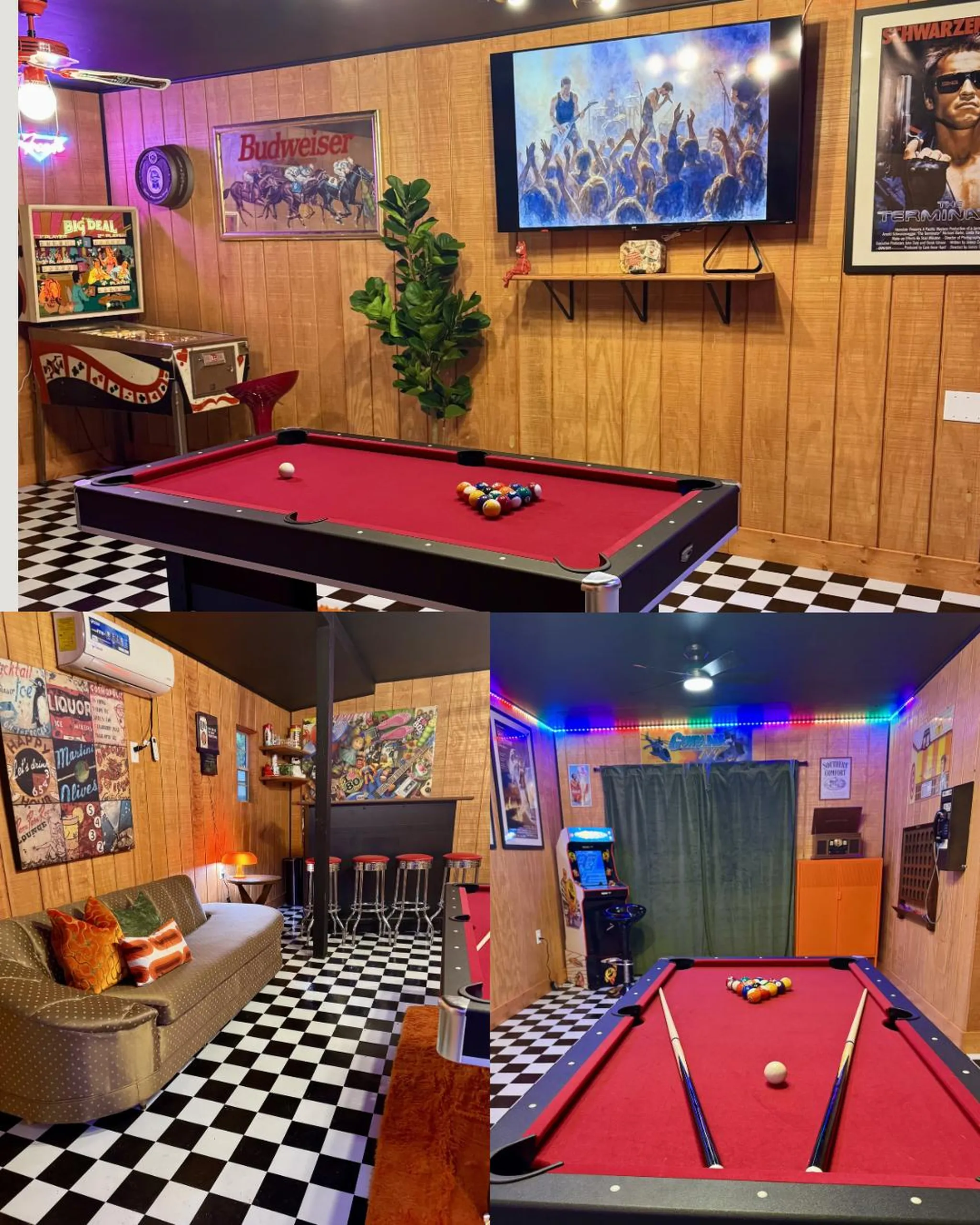 Collage of interior design photos: peacock wallpaper, galaxy bedding, kitchen, and living room.