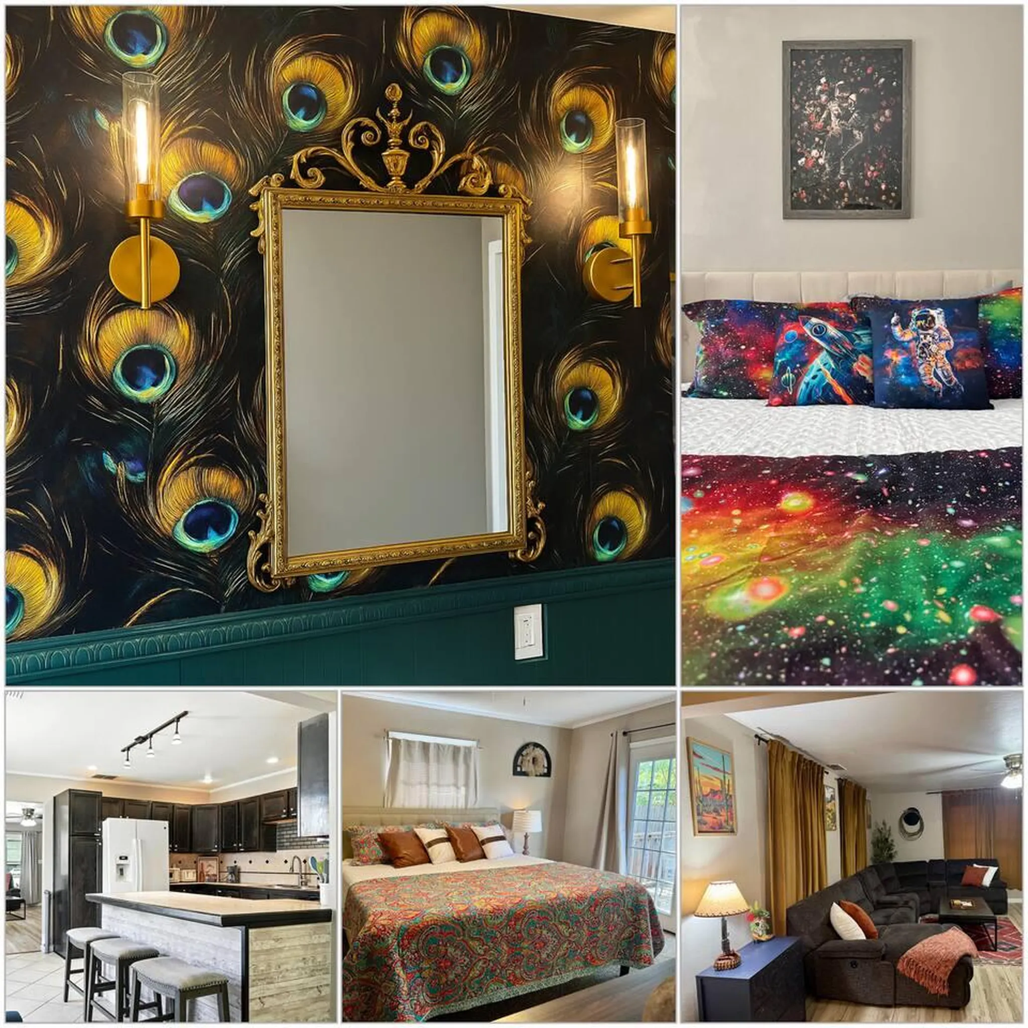 A living room with a dark sectional sofa, a TV stand, and a bull skull mounted on the wall.