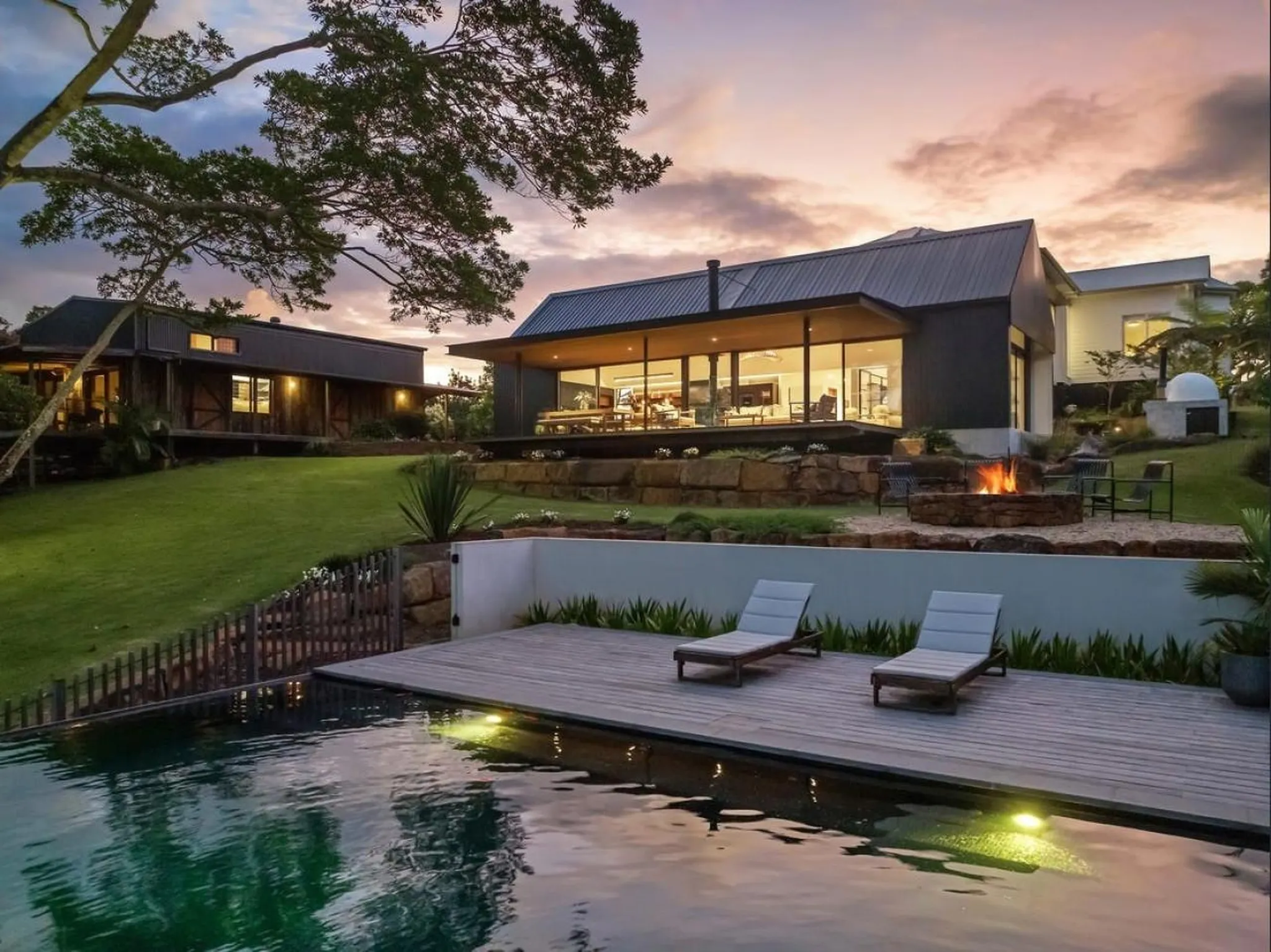 Modern house with pool and fire pit at dusk.