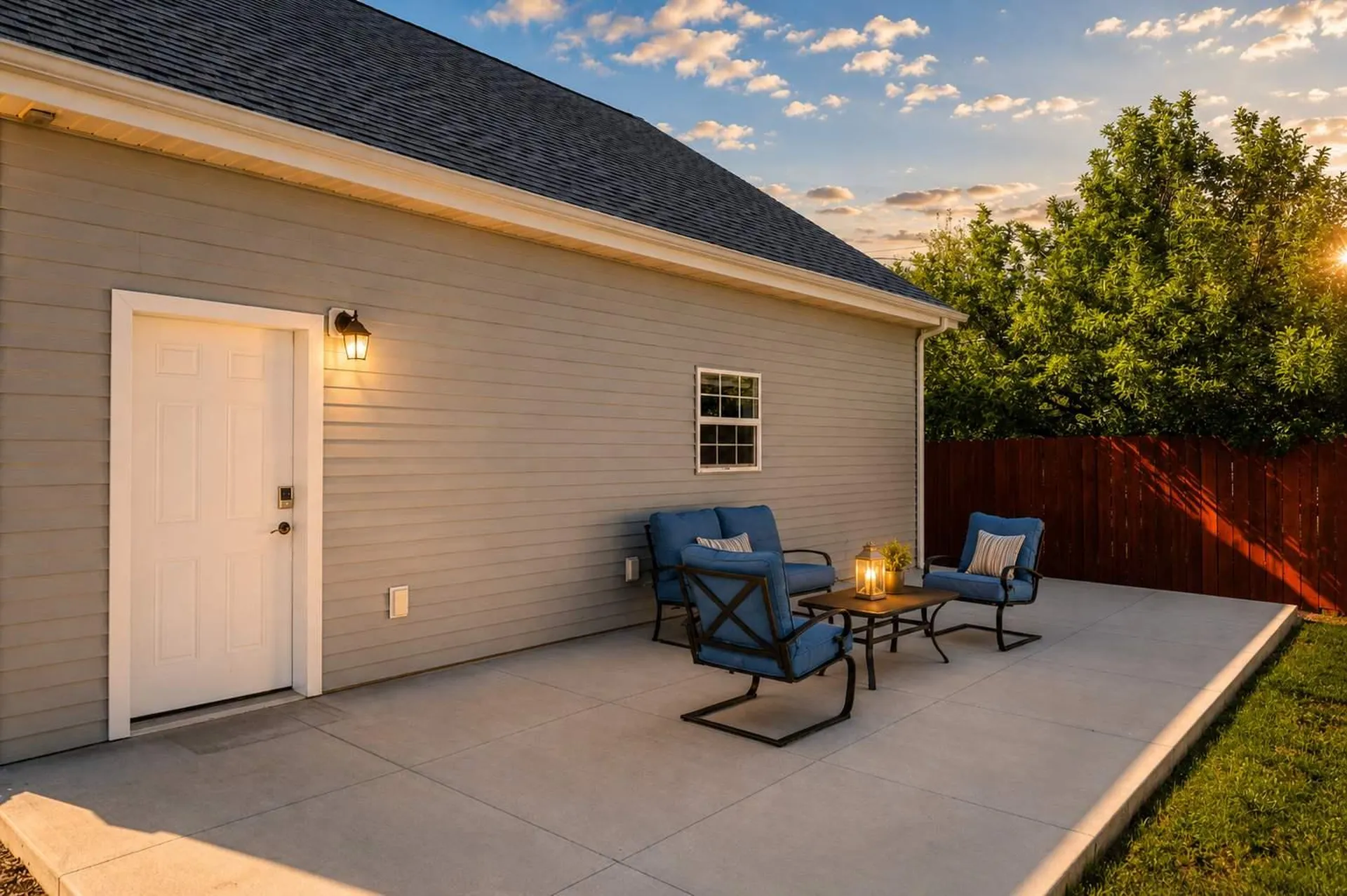 The Carriage Loft patio in Sheridan Wyoming at sunset with outdoor seating and private entrance