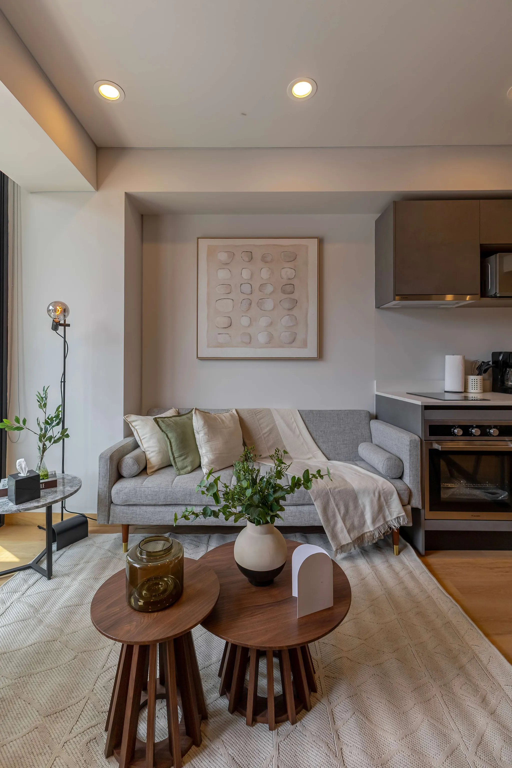 A living room with a gray sofa, wooden coffee tables, and a patterned rug.