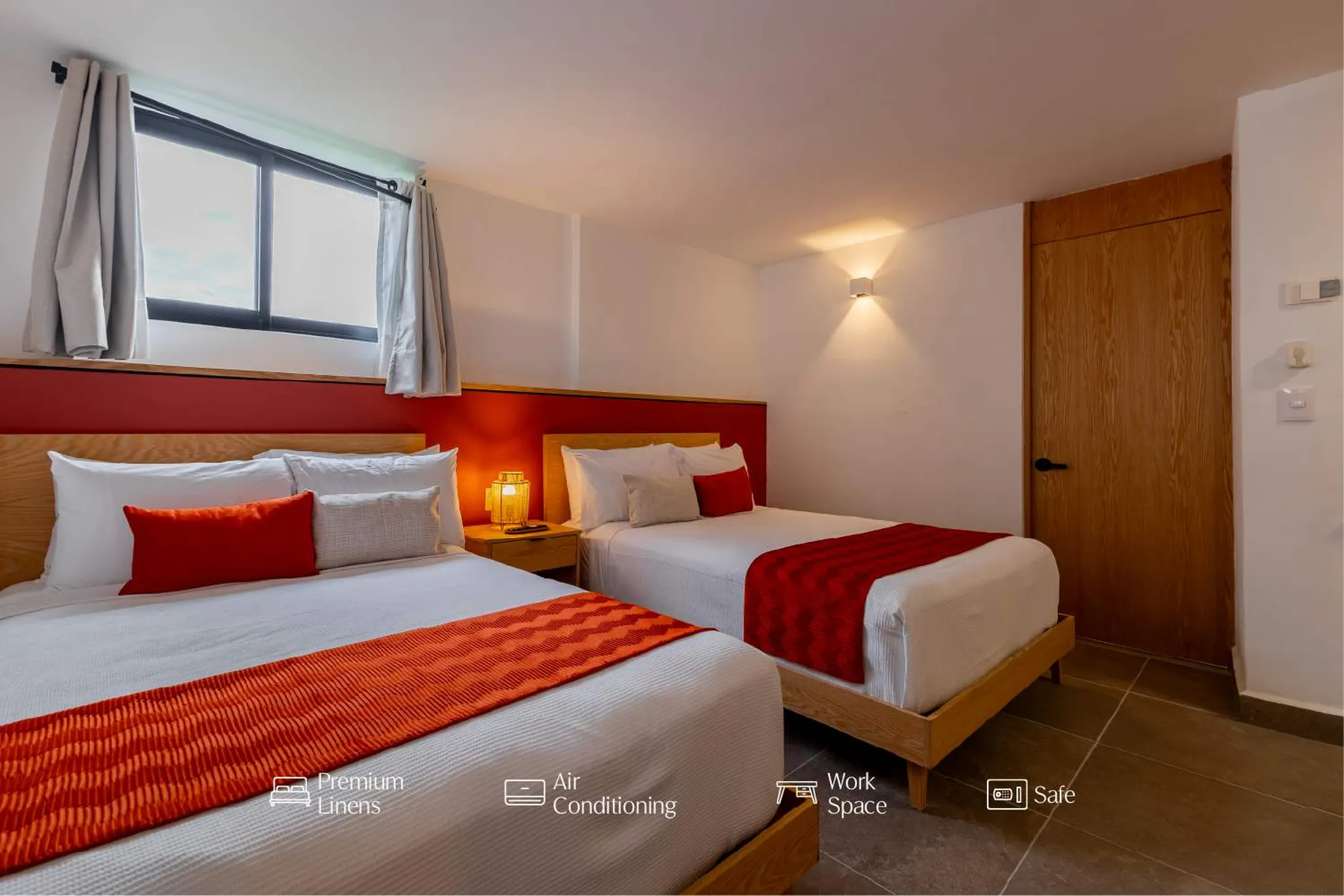 Here are the amenities detected in the image:
* Premium Linens
* Air Conditioning
* Work Space
* Sa