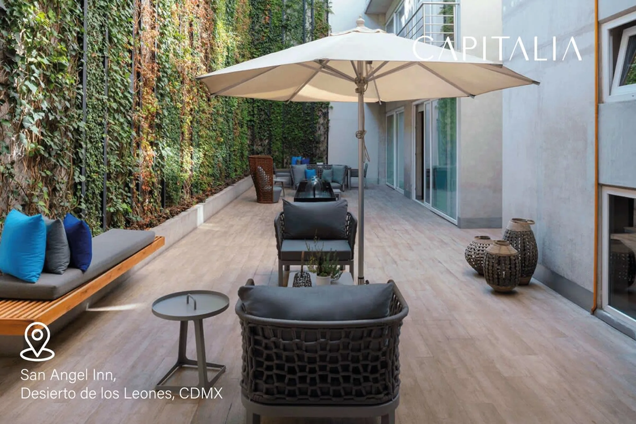 Patio with seating, umbrella, and greenery.