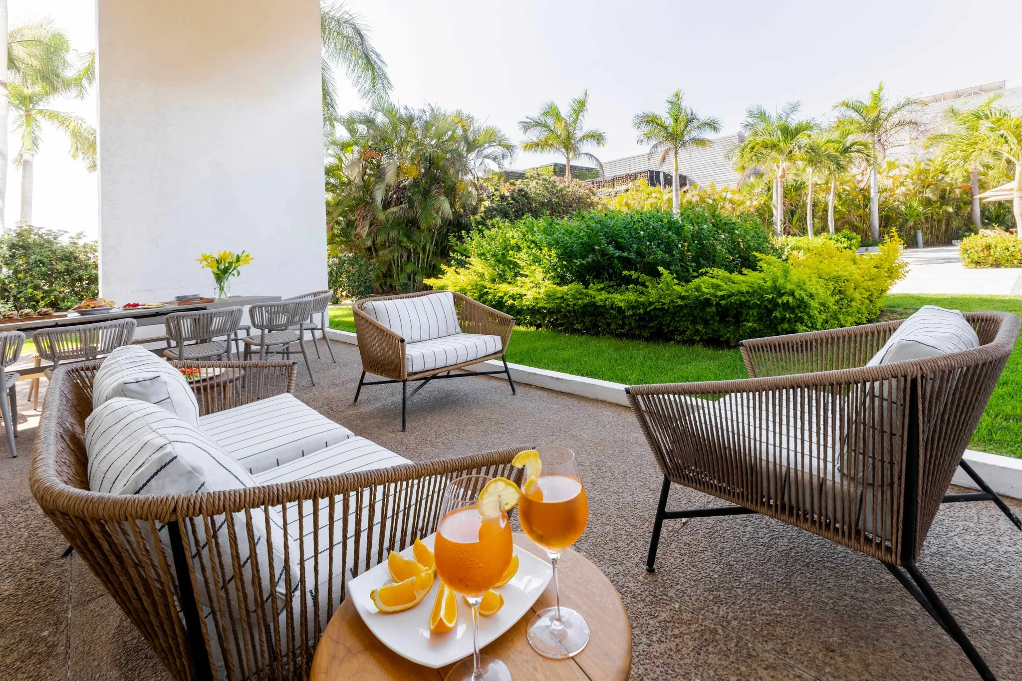 A patio scene with lounge chairs, drinks, and tropical plants.