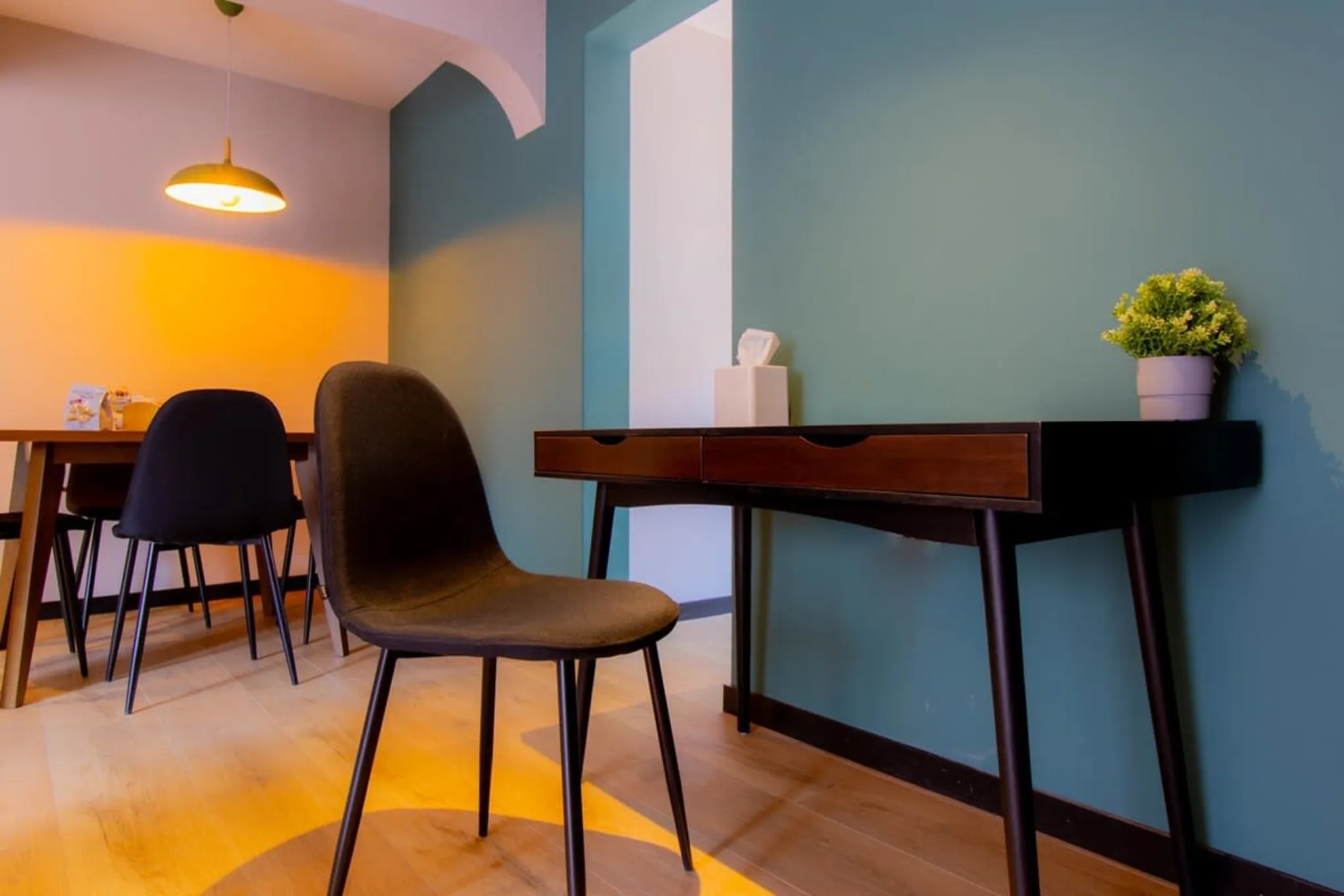 A dark-colored desk with a plant and tissue box sits against a teal wall.