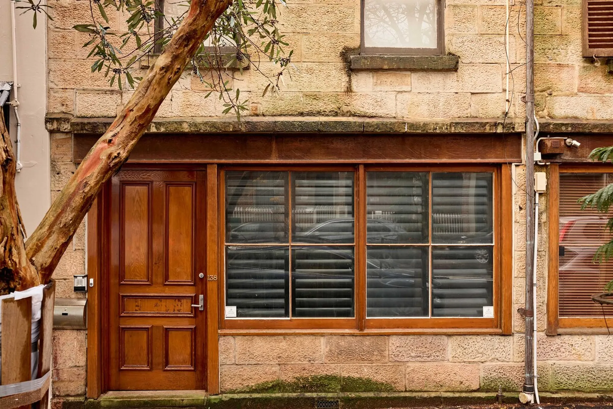 Sandstone Woolloomooloo cottage front with a timber door, shuttered window and a street tree