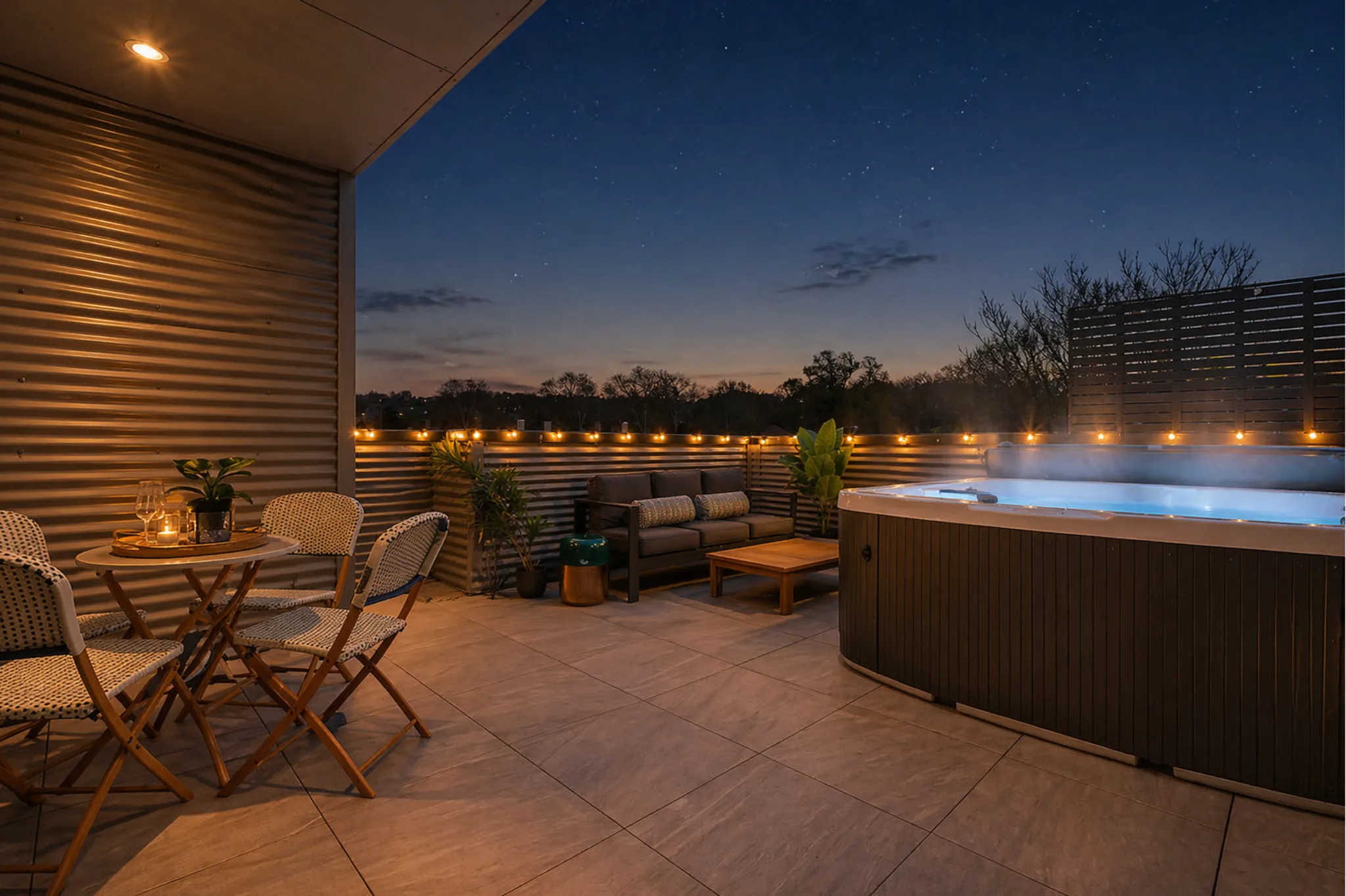 Private hot tub courtyard with string lights at night