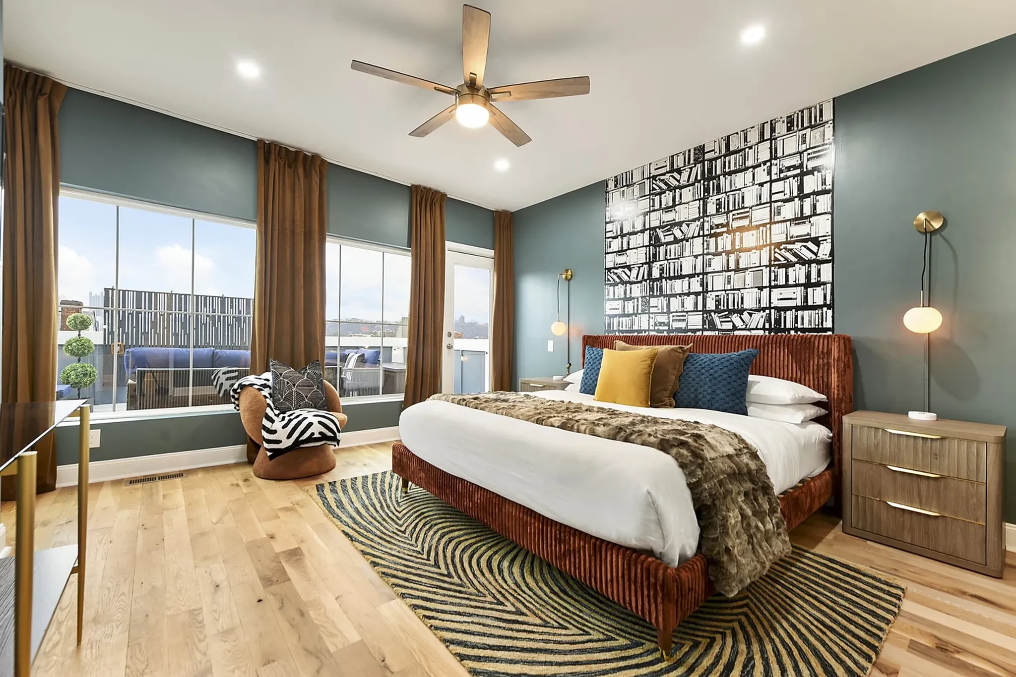 Bright HostWise living room with designer furnishings at the Carrington home