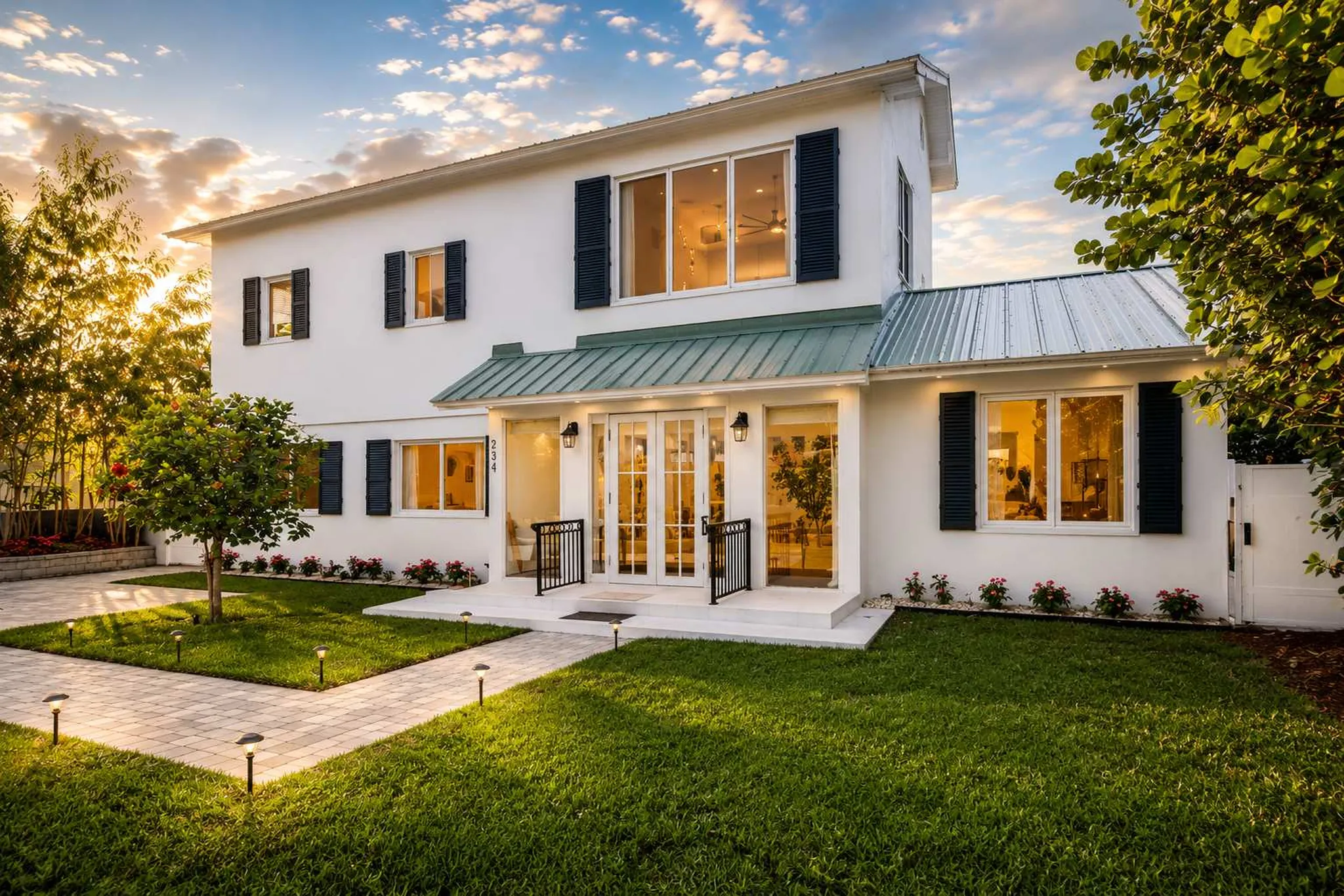 White Hotel Home Stays home with black shutters and a green metal roof at sunset, West Palm Beach