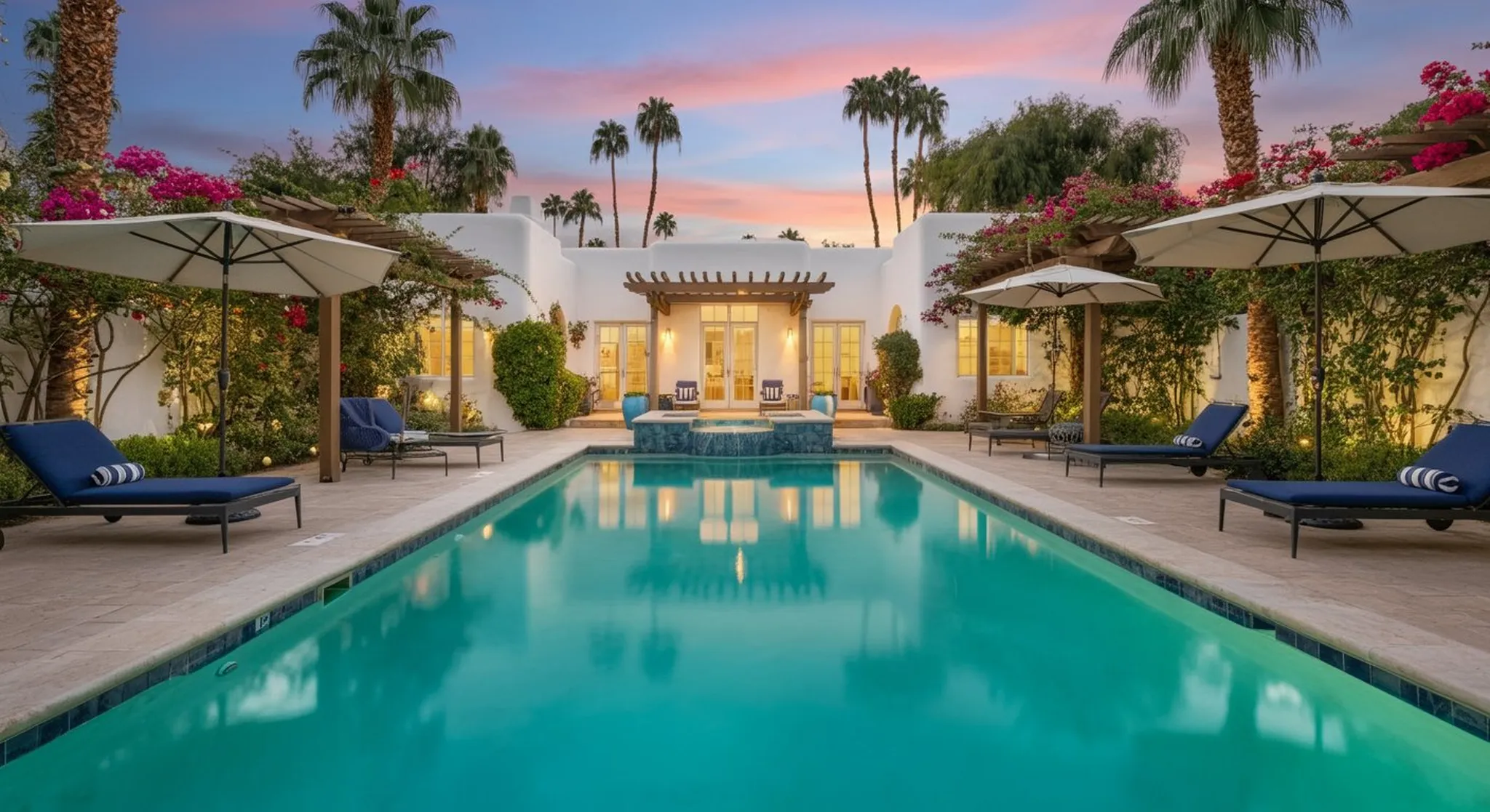 Twilight pool courtyard with blue loungers, white umbrellas, palm trees, bougainvillea and a Spanish-style villa backdrop