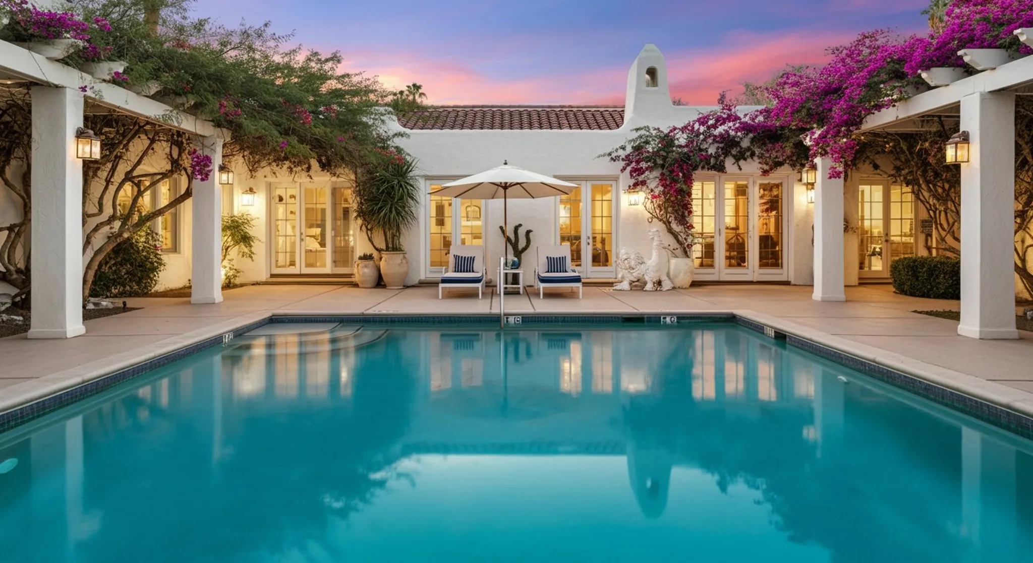 Spanish-style villa courtyard at dusk with pool, lounge chairs, white umbrella, and pink bougainvillea draped over pergolas