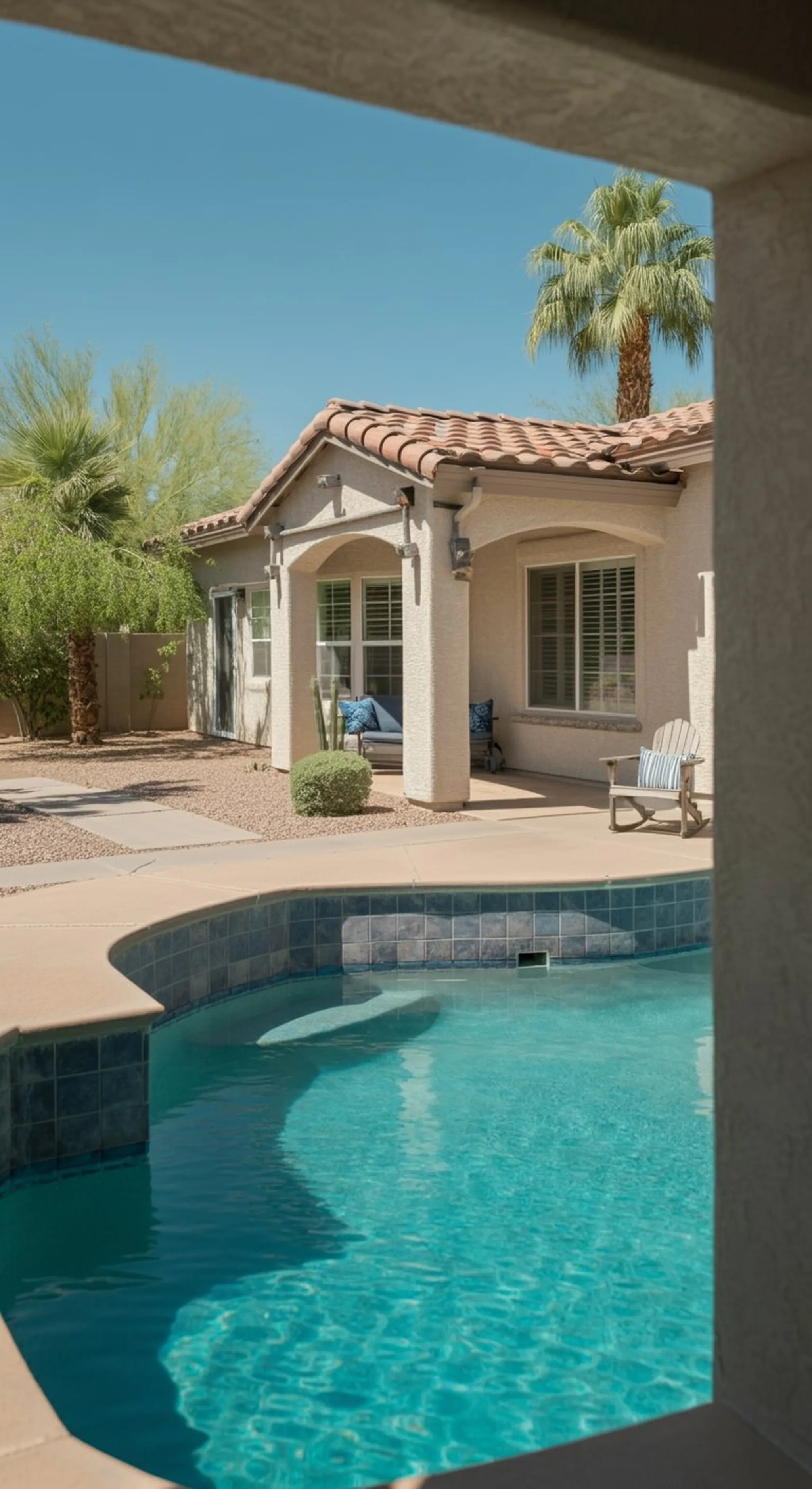 Backyard pool and tiled patio of a single-story stucco home with terracotta roof, palm trees, and Adirondack chair under blue sky