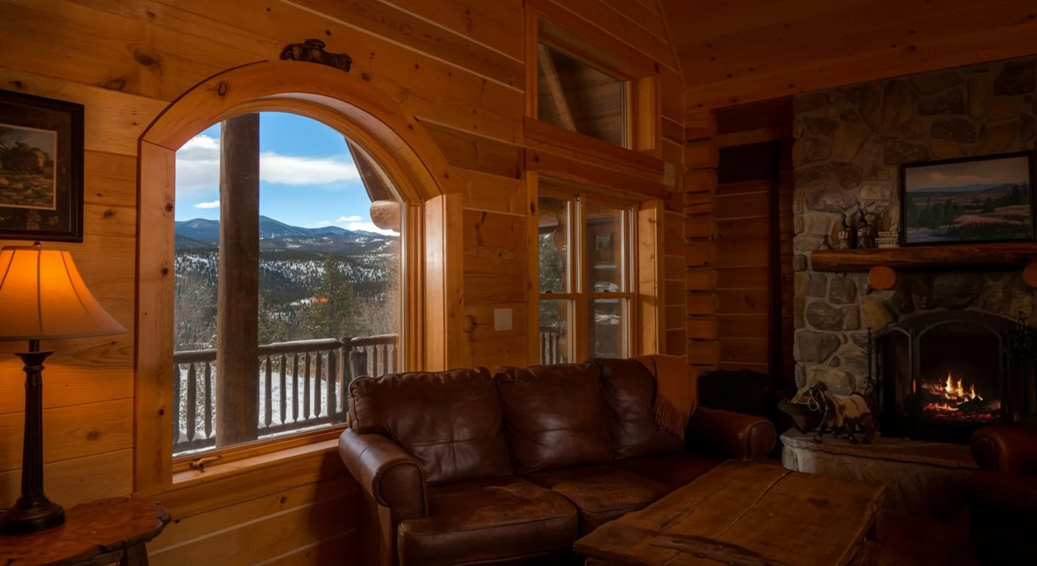 Log cabin living room with leather sofa, stone fireplace, and arched window framing snowy mountain views