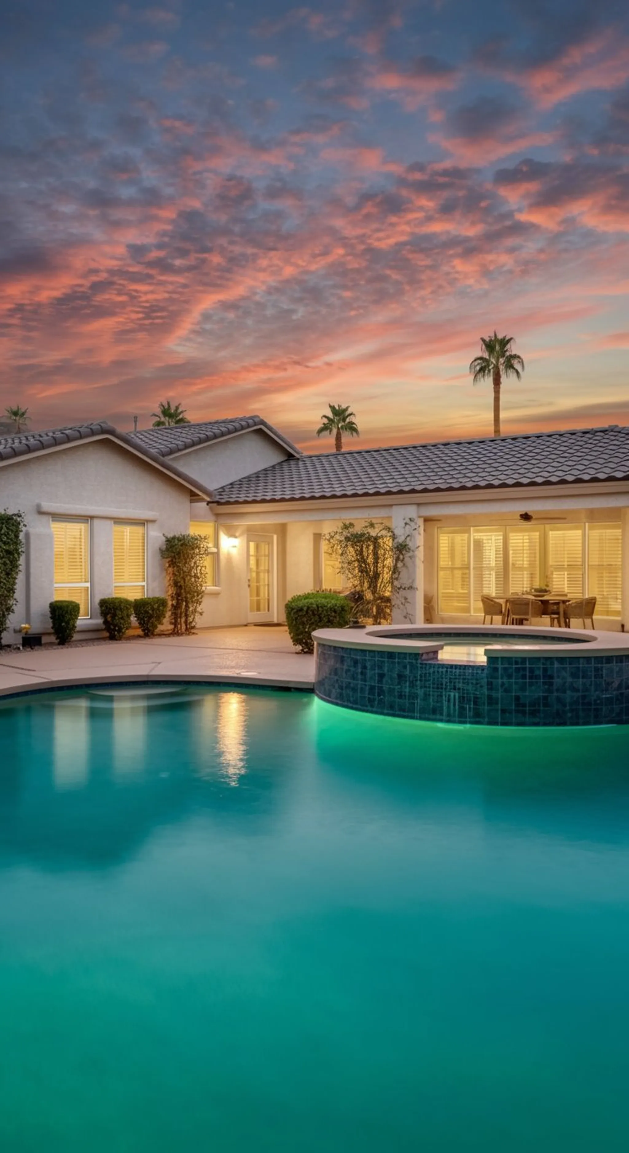 Single-story home at sunset with illuminated pool, raised spa, palm trees, and pink-streaked sky reflected in turquoise water