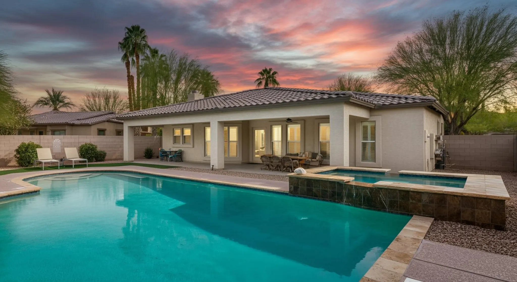 Backyard pool and spa at sunset with palm trees and a single-story desert home featuring a covered patio and lounge chairs