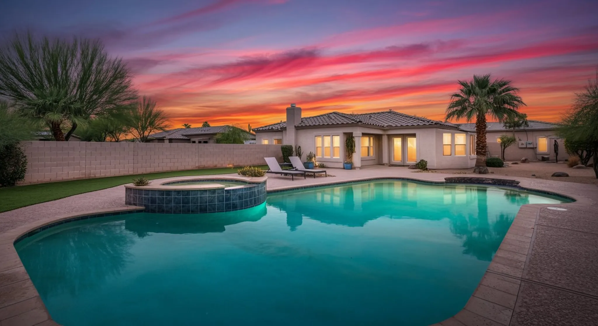 Backyard pool and spa at sunset with palm trees and a single-story desert home glowing under a pink and orange sky