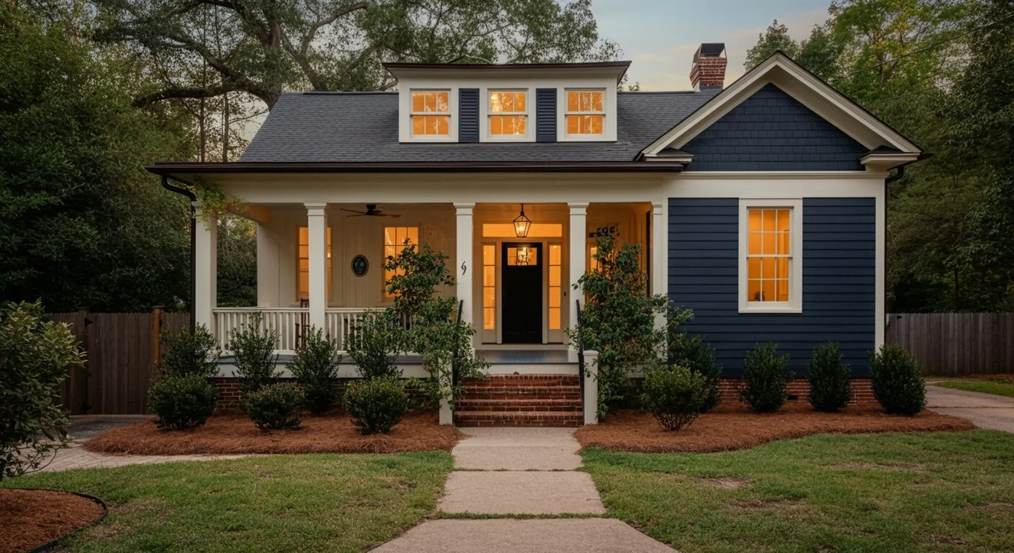 Navy blue craftsman bungalow with white trim, covered front porch, dormer windows, and brick walkway at dusk