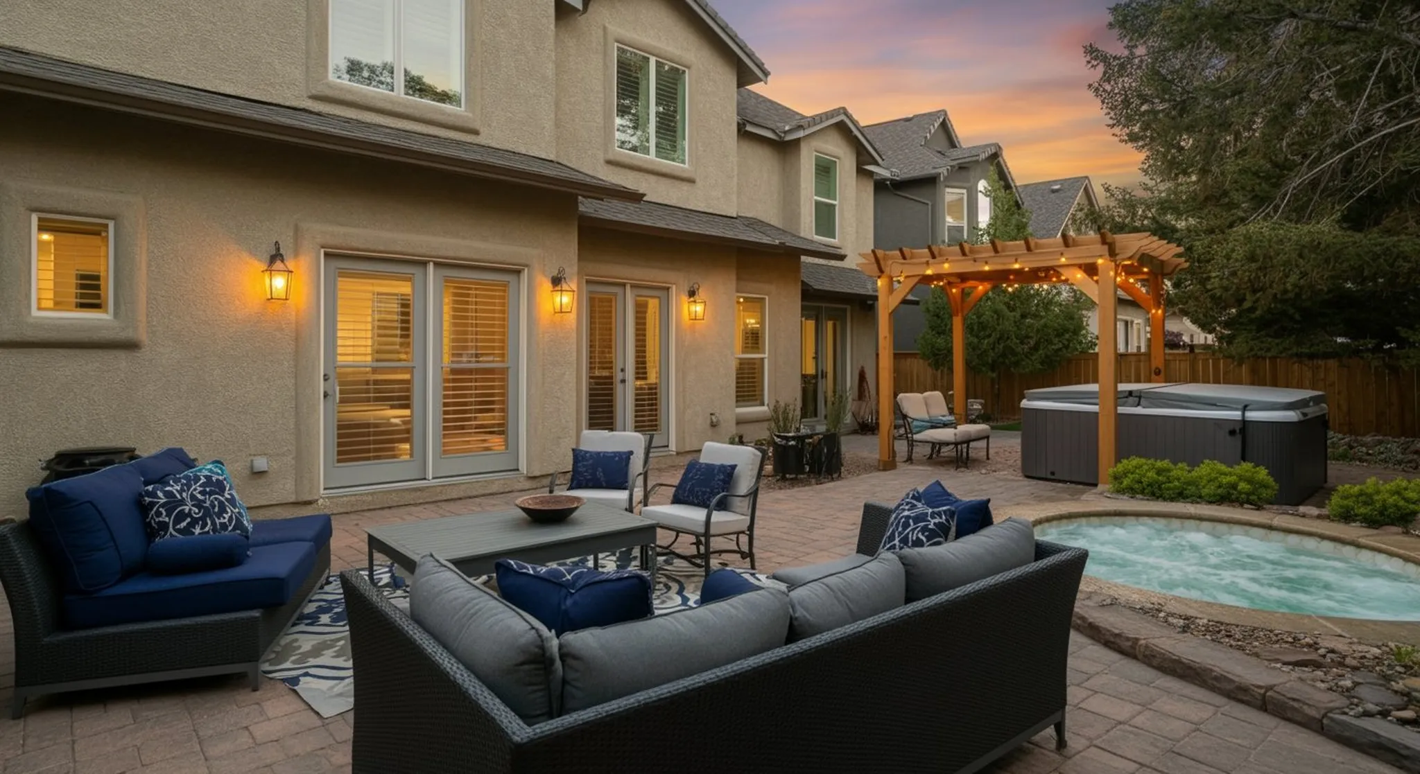 Twilight backyard patio with wicker sofas, hot tub, pool, and pergola behind a two-story stucco home