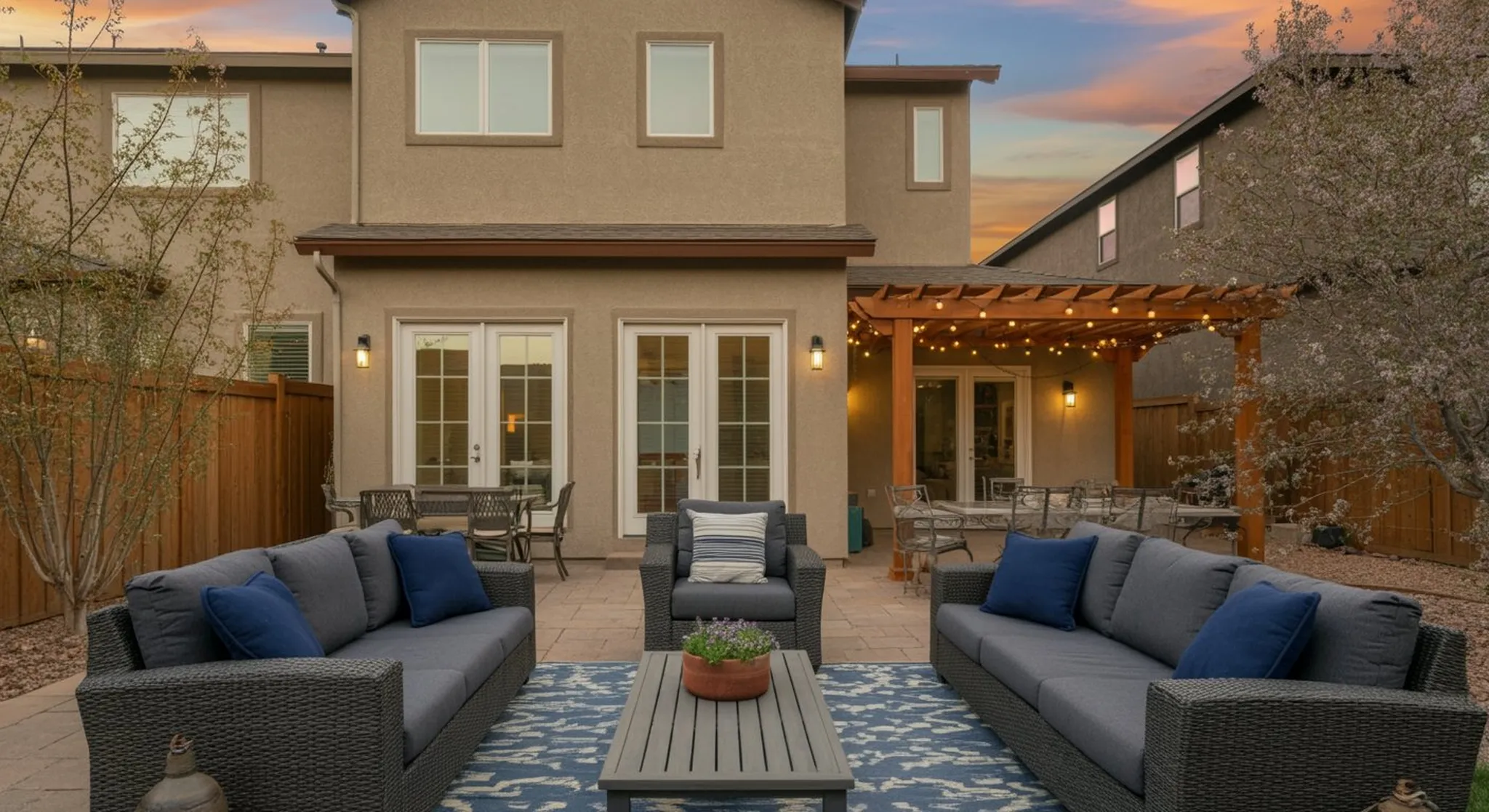 Backyard patio at dusk with wicker sofas, string-lit pergola, and dining set behind a two-story stucco home