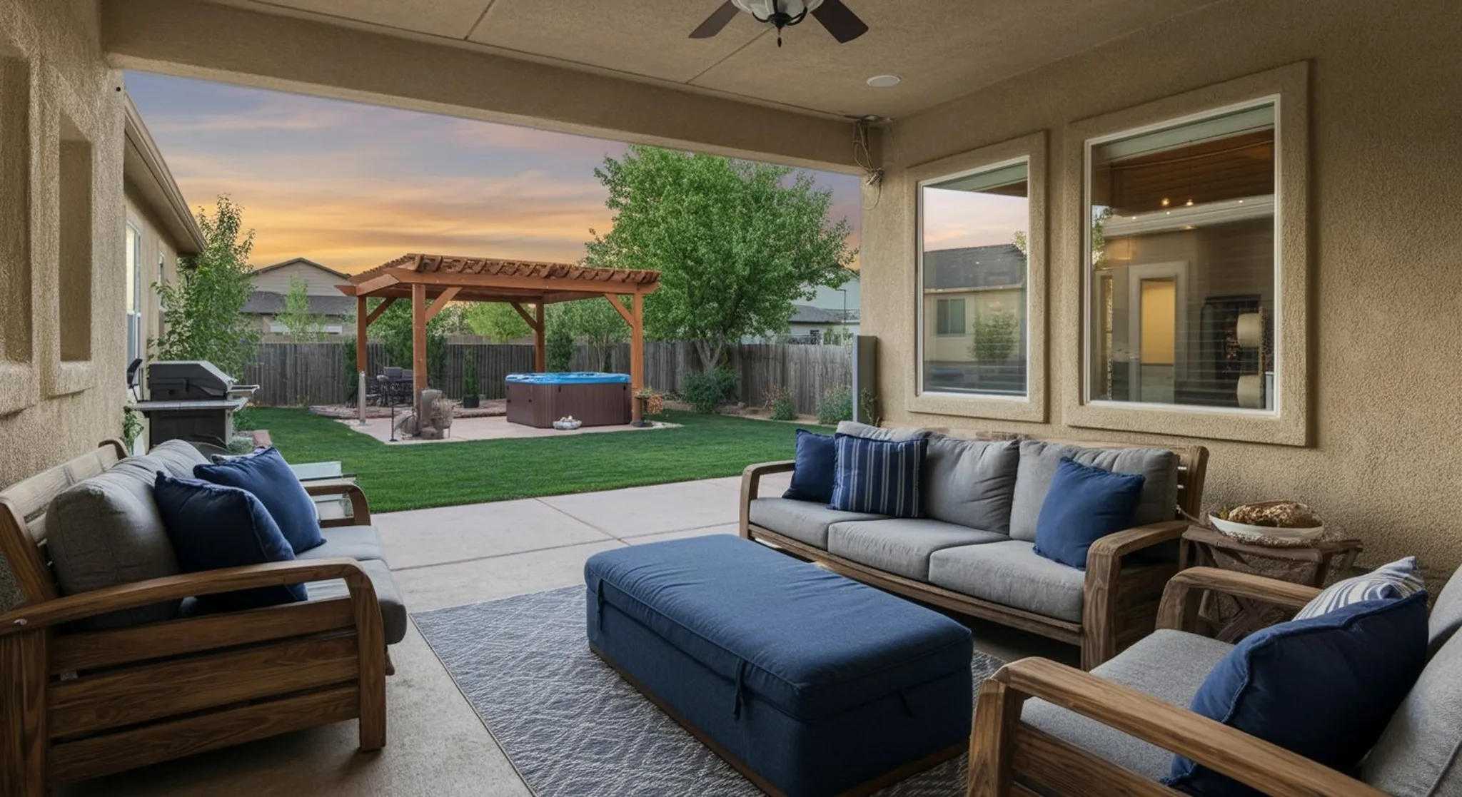 Covered patio with cushioned sofas and ottoman overlooking a backyard with pergola, hot tub, and grill at sunset