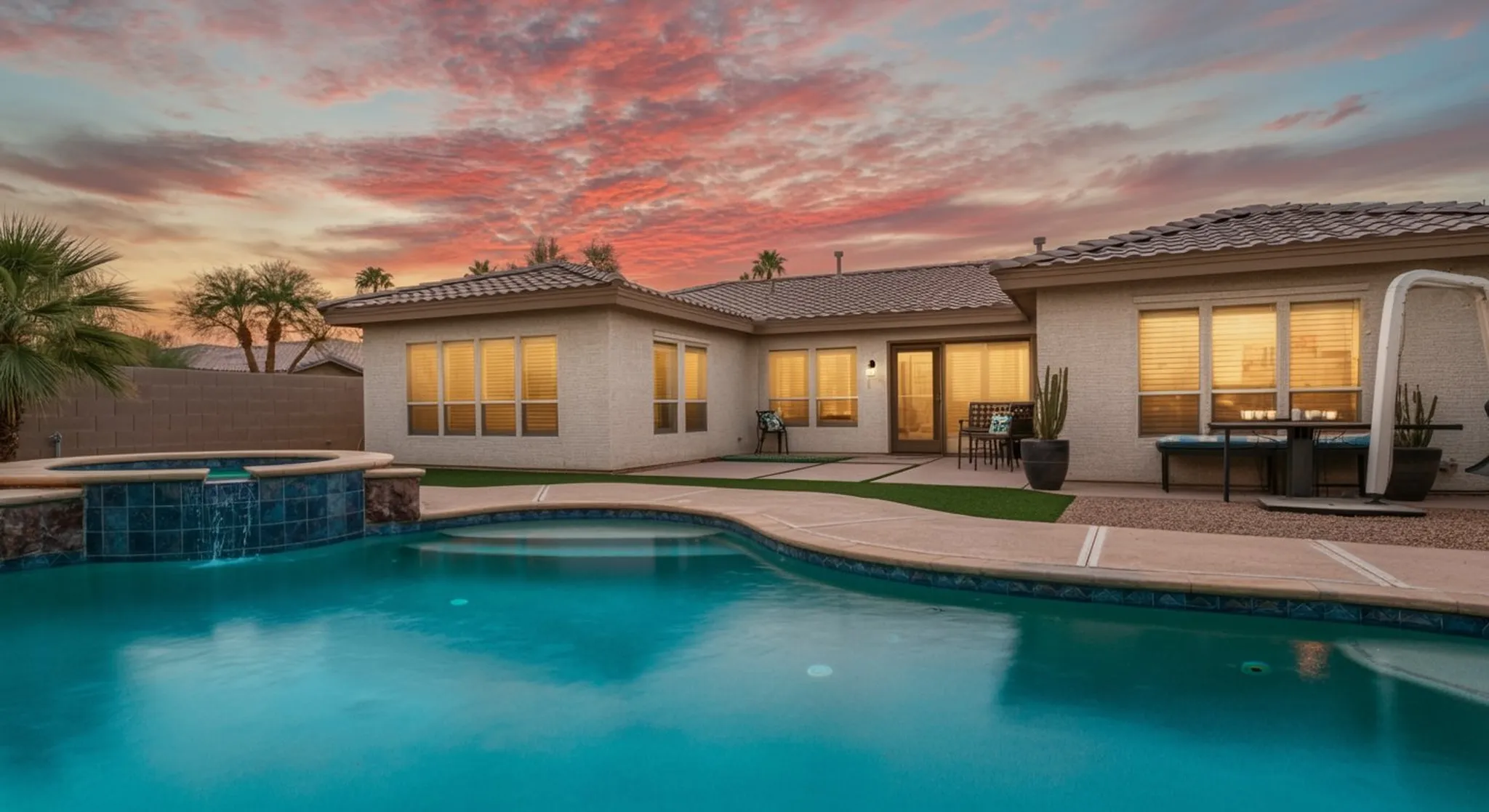 Single-story desert home at sunset with backyard pool, raised spa, palm trees, and patio dining set under a pink and blue sky