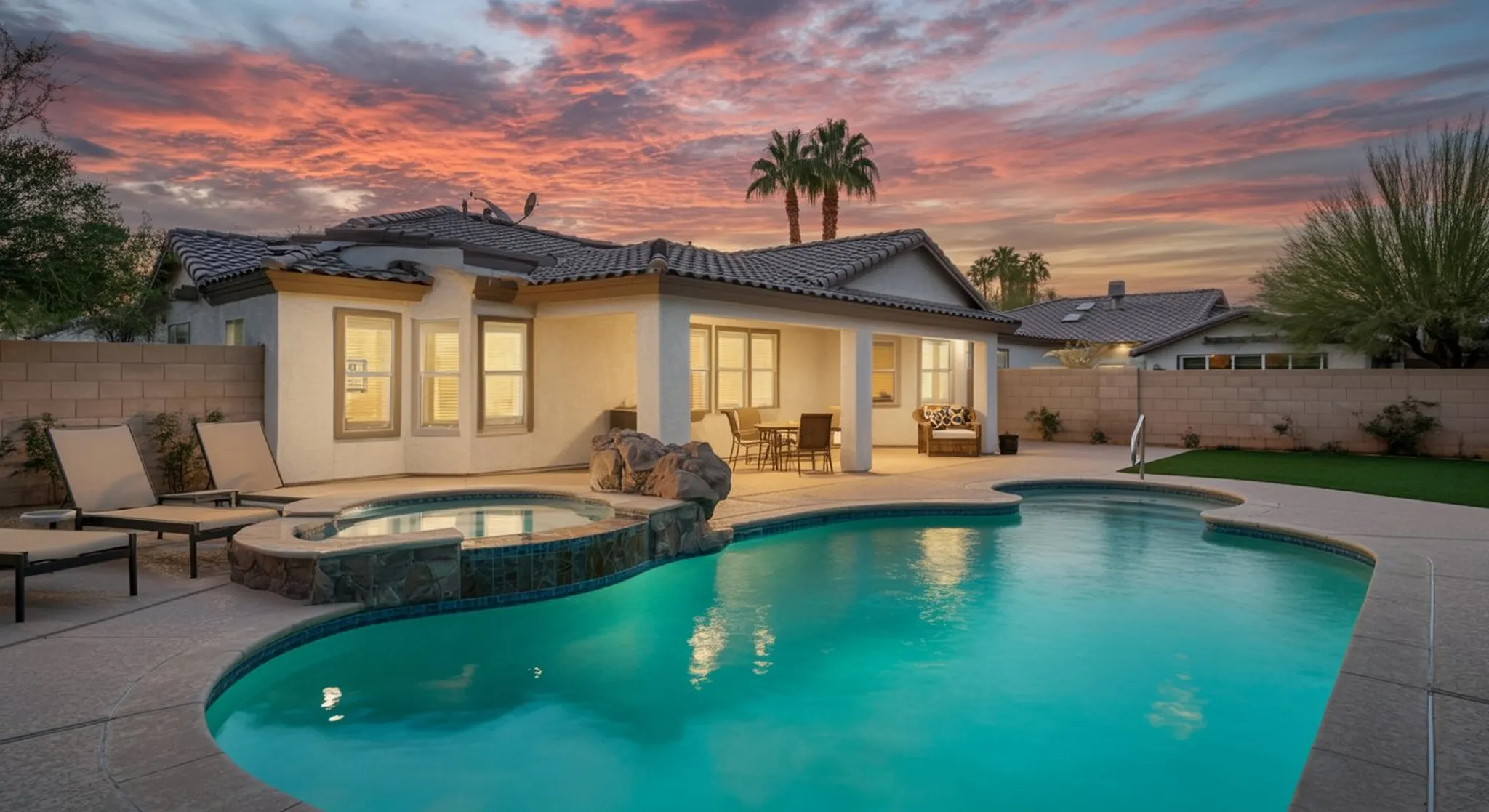 Backyard pool and spa at sunset with palm trees, lounge chairs, and a single-story stucco home under a pink sky