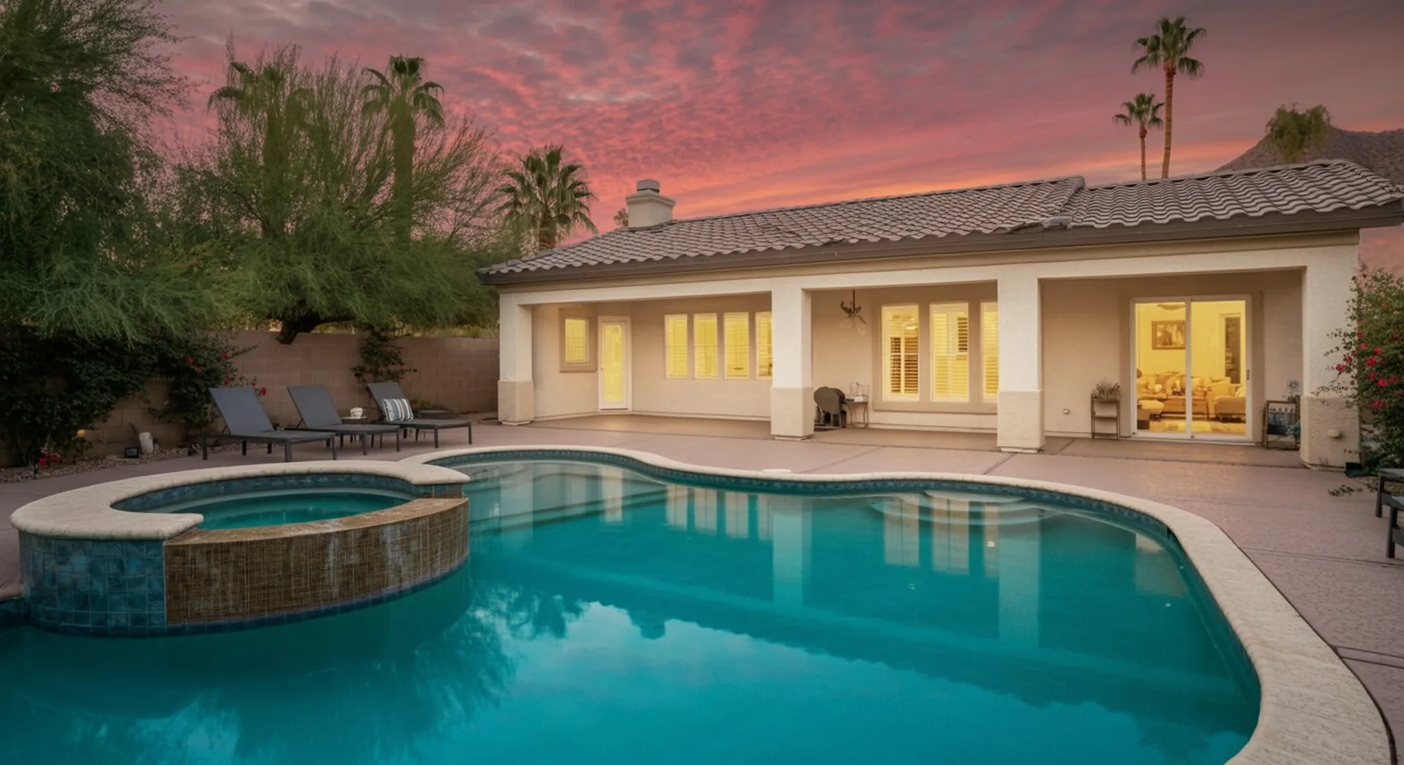 Backyard pool and spa at sunset with pink sky, palm trees, and a single-story home with lit interior and covered patio