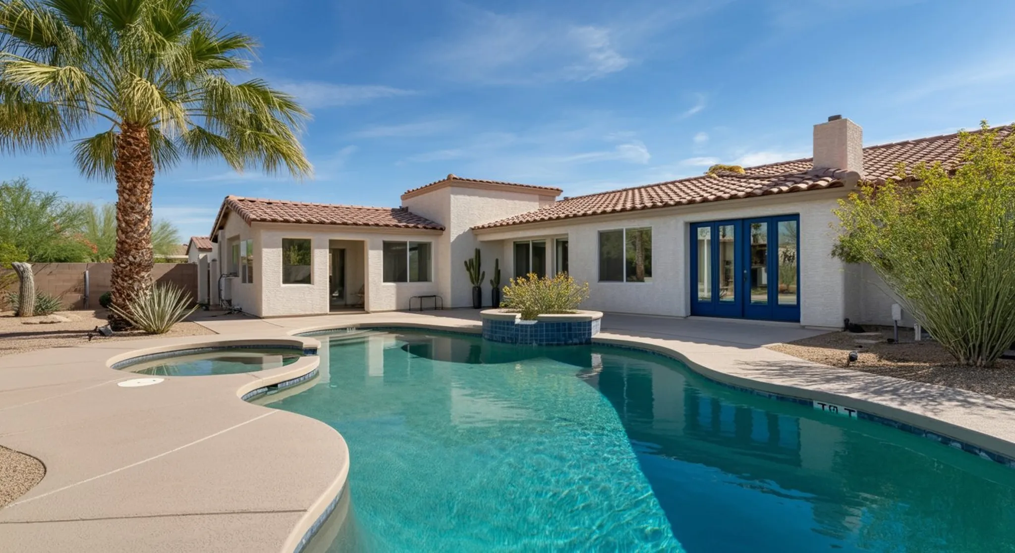 Single-story desert home with tile roof, blue-trim doors, palm trees, and a curved swimming pool with attached spa