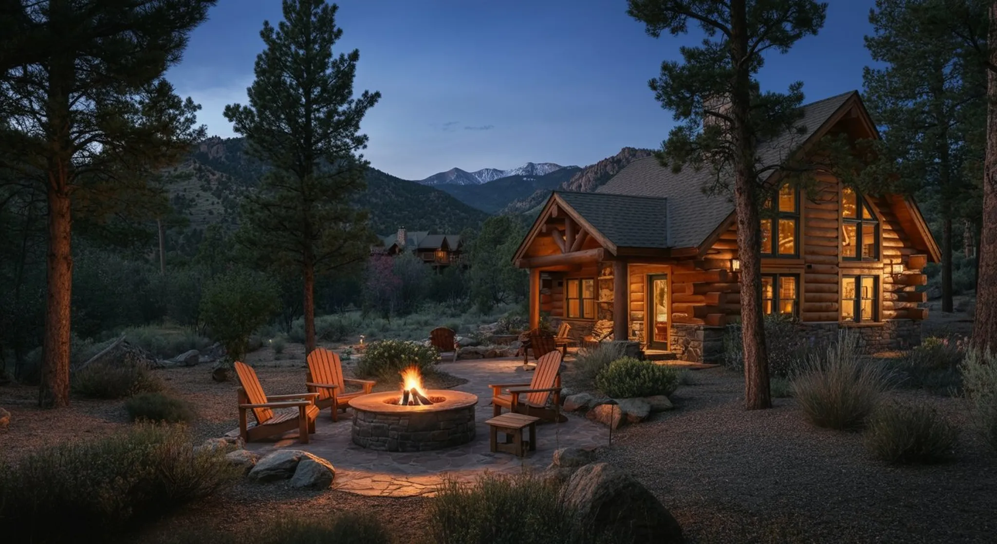 Log cabin at dusk with lit stone fire pit, Adirondack chairs, pine trees, and mountain peaks in the background