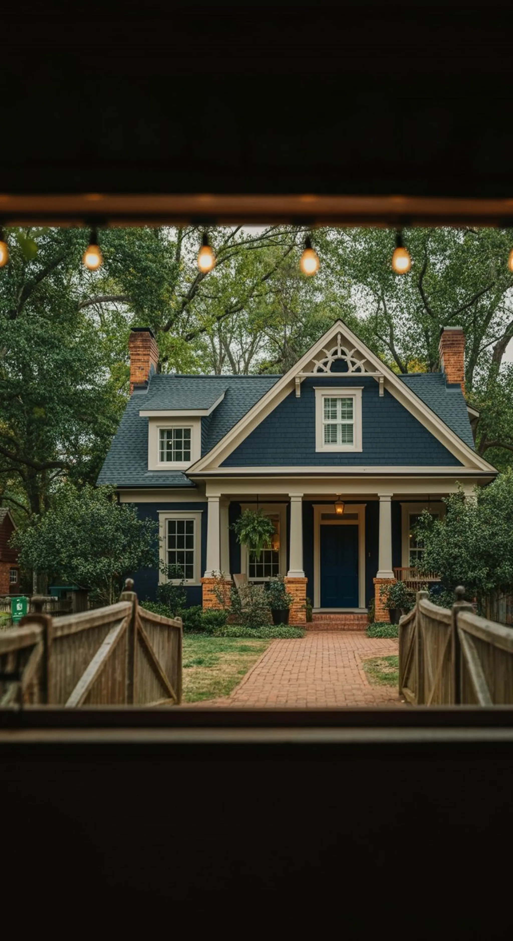 Navy blue cottage with white trim, covered porch and brick path, framed by string lights and wooden gate under leafy trees