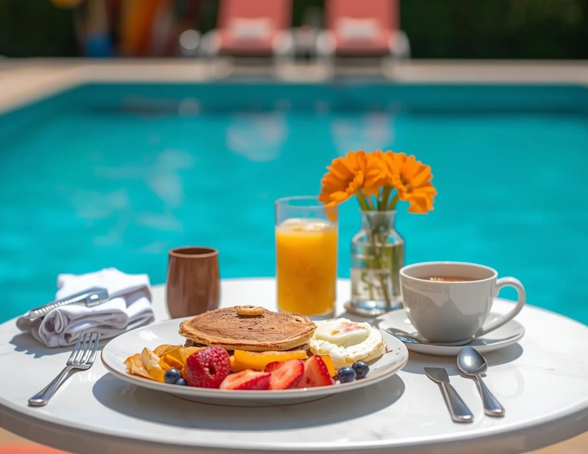 Luxury villa healthy breakfast served poolside