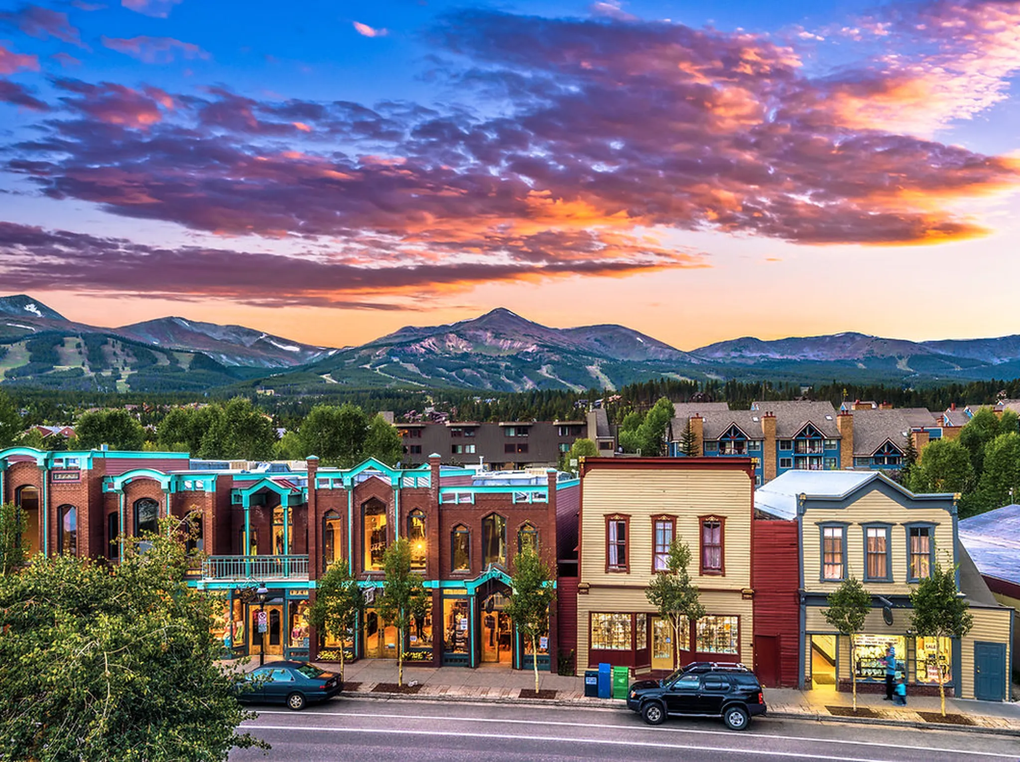Breckenridge homes among the pines below the snow-capped Tenmile Range, from the Carroll Lane Escape listing