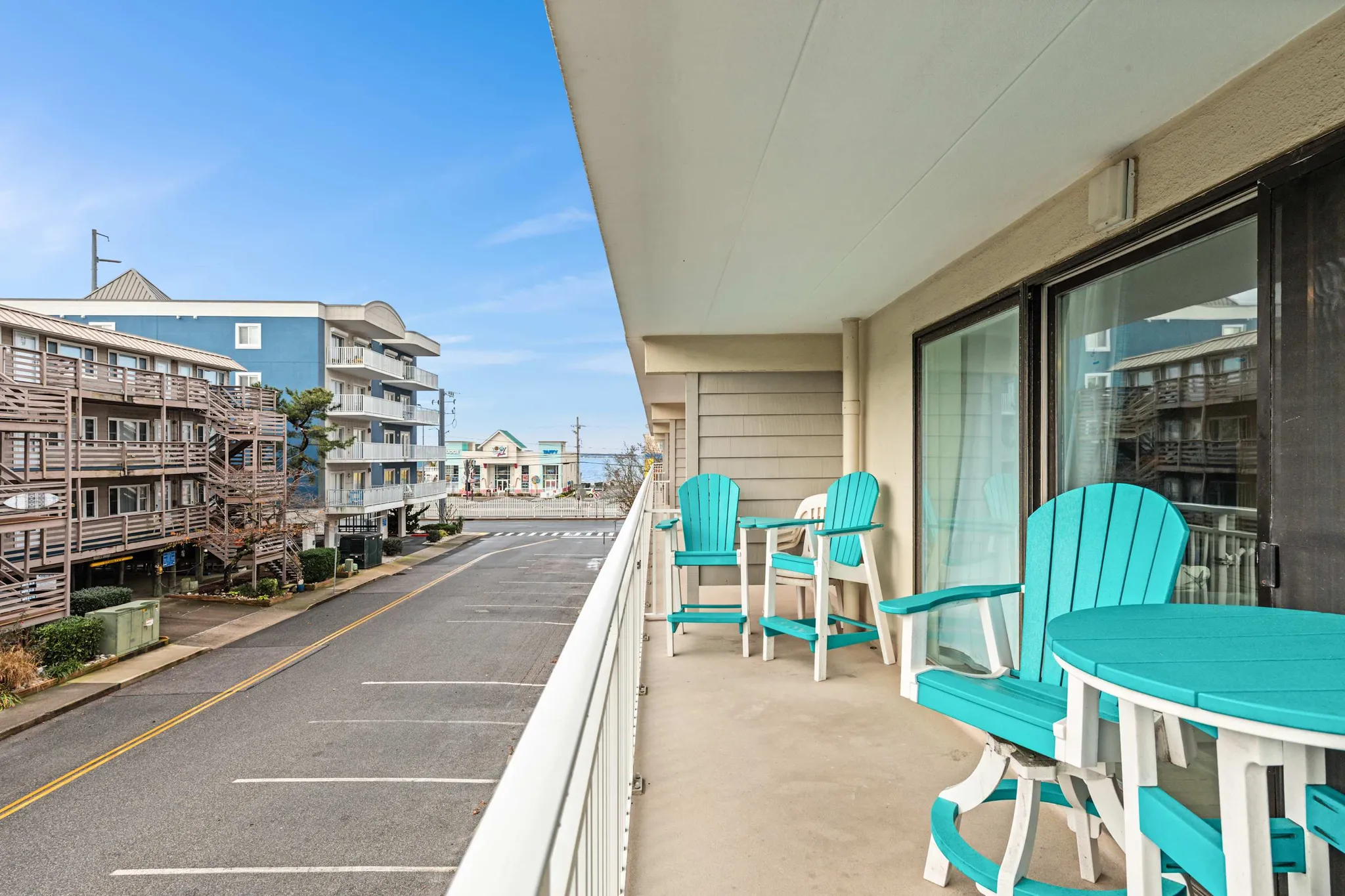 The view from a Salty Sands 4 balcony over 46th Street toward the ocean