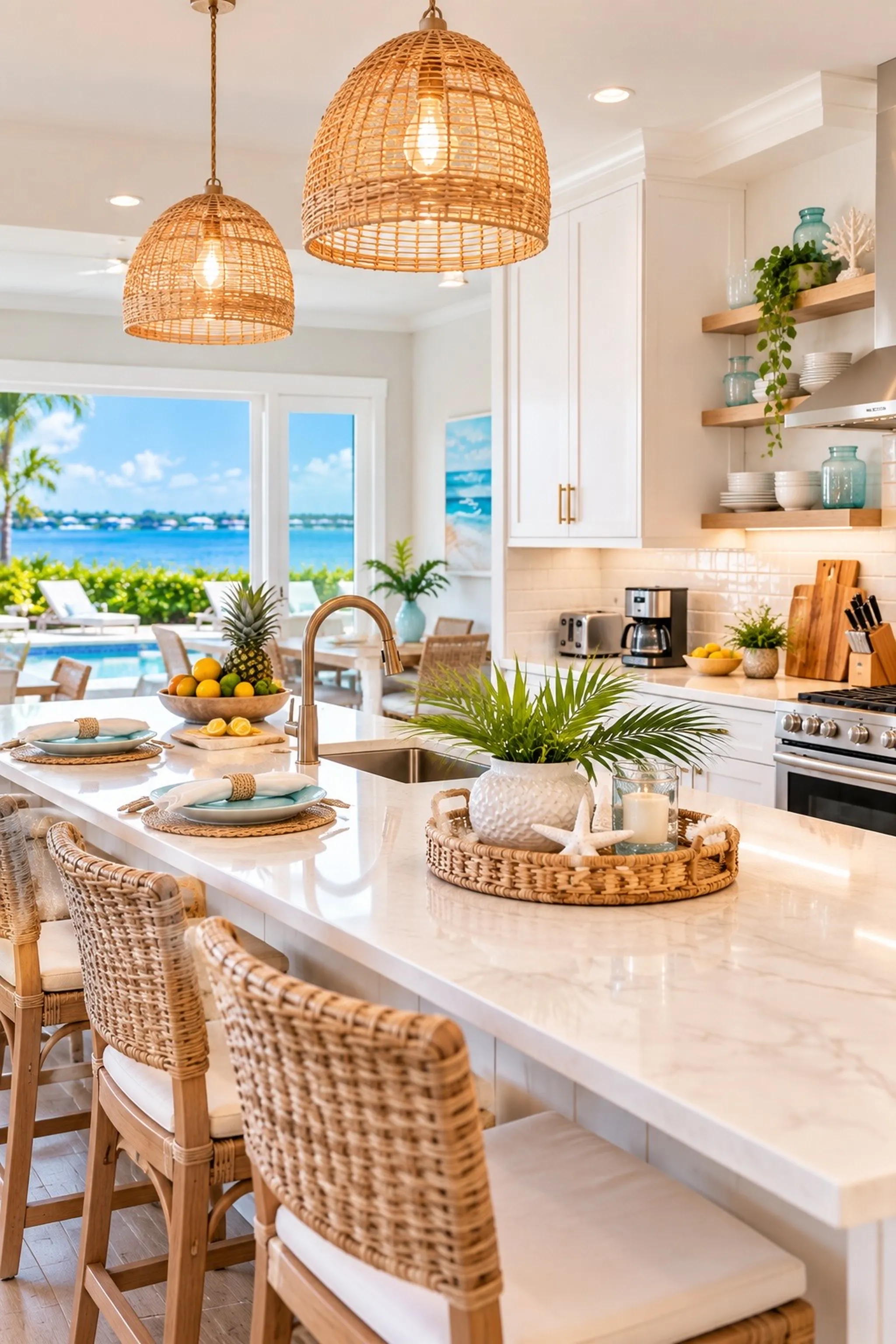 Bright kitchen with white cabinets, stainless steel oven and dishwasher, microwave, coffee makers, and a window above the sink