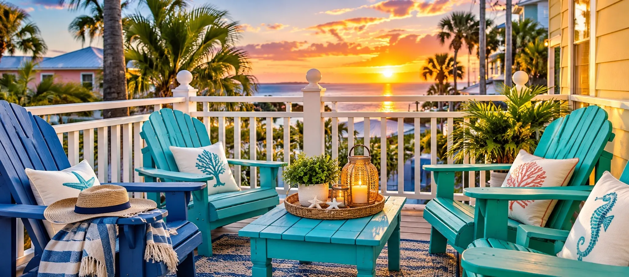 Purple and green Adirondack chairs on a green wooden balcony with white railing, palm trees and pastel buildings beyond