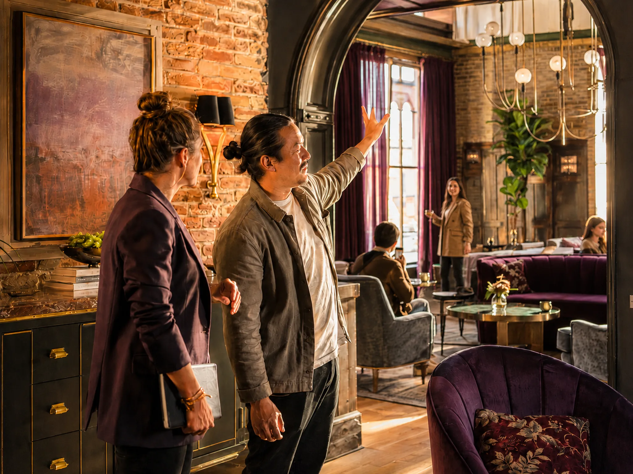 Property owner and Sojourn manager reviewing a management plan together on a tablet in a bright living room