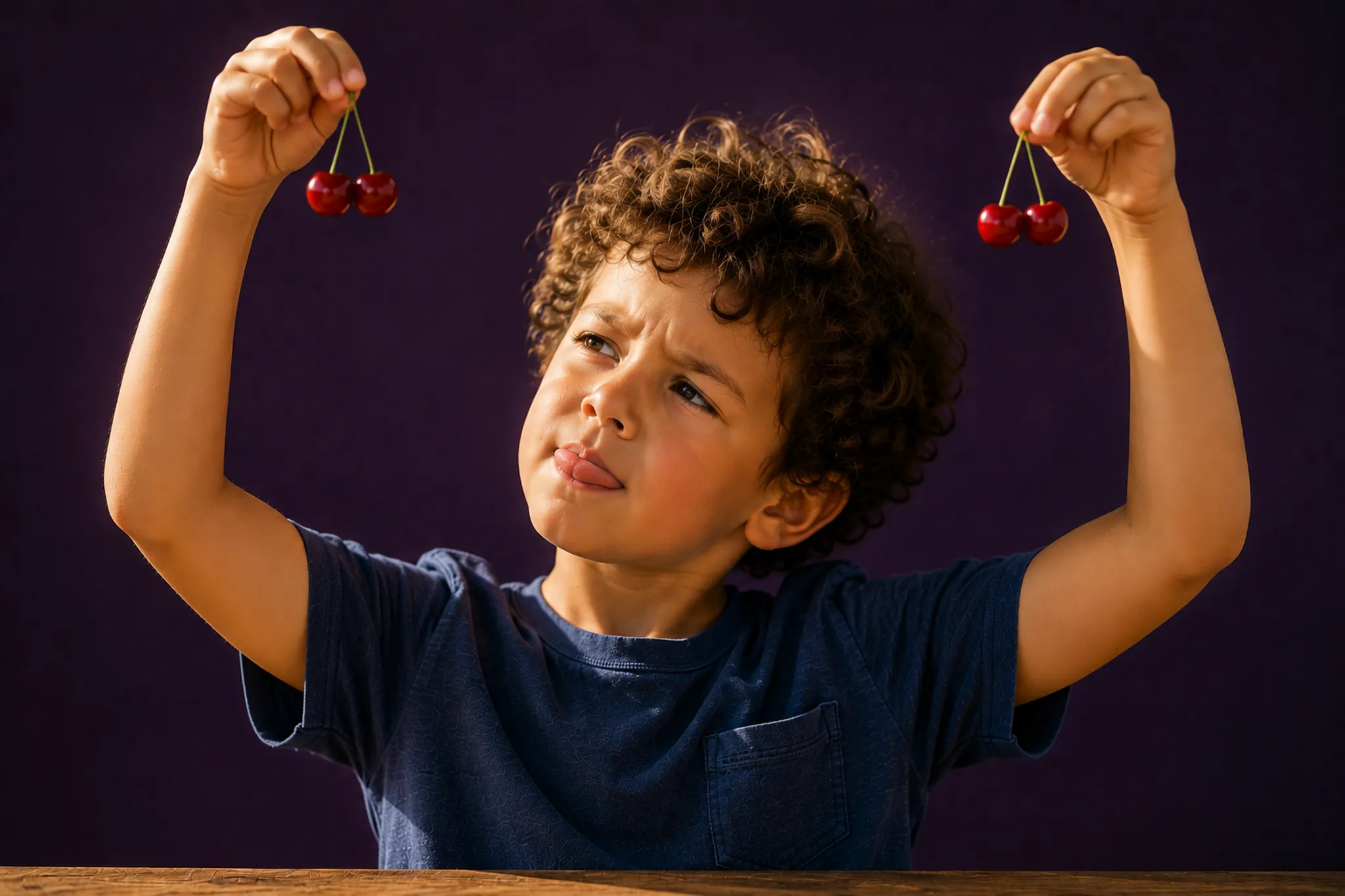 Kid Playing with cherries in both hands