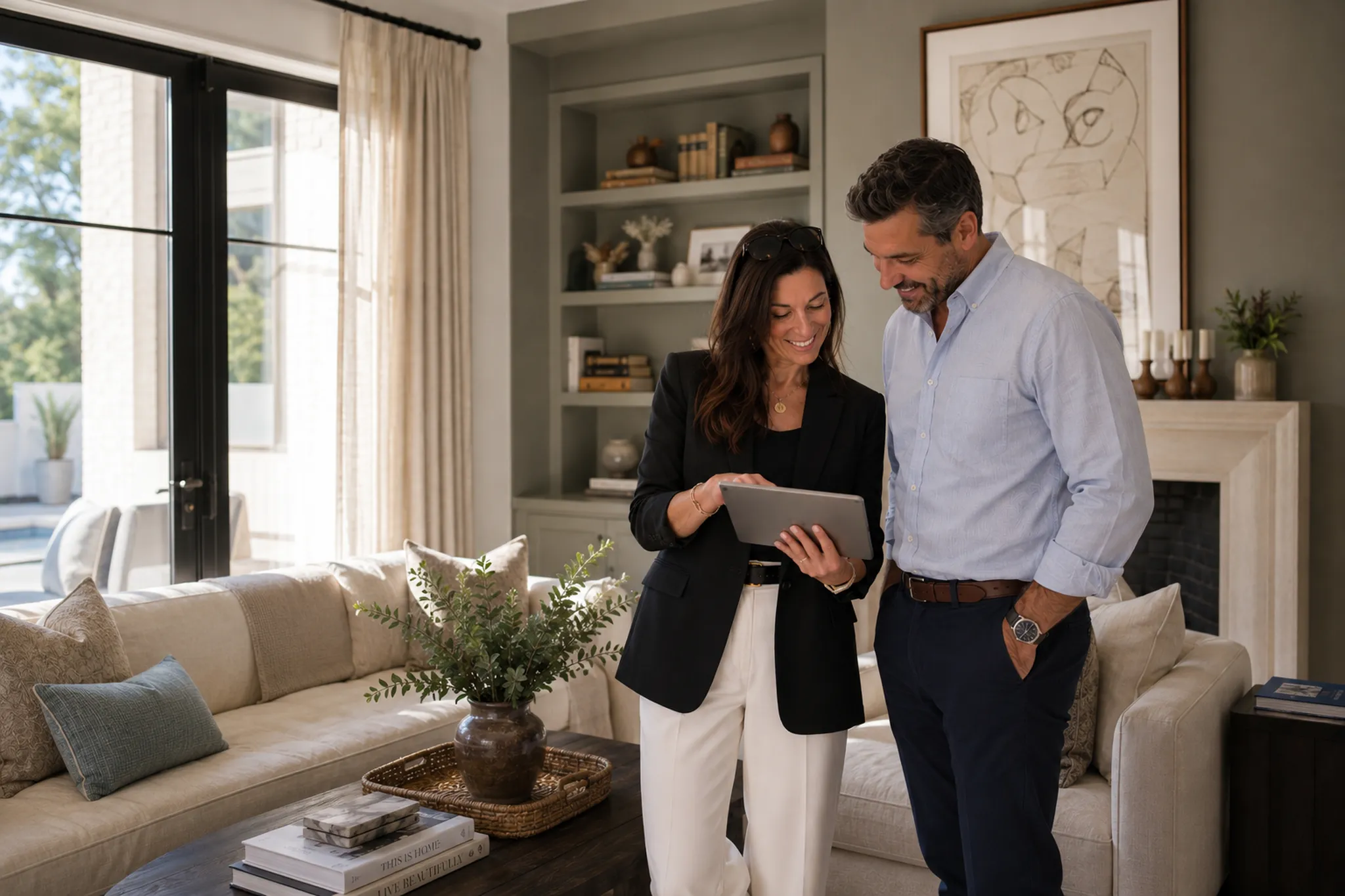 Property owner and Sojourn manager reviewing a management plan together on a tablet in a bright living room