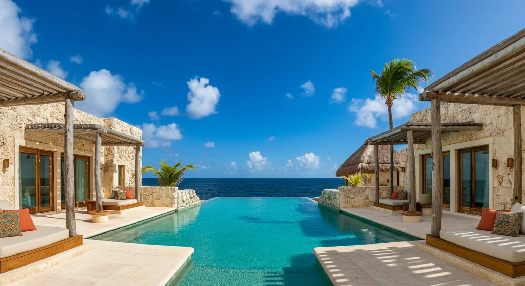 Wide atmospheric establishing shot of boutique mexico villas sense of place, evocative, no people in foreground, no signage, no text overlays. Geographic setting: Isla Mujeres Caribbean villa luxe.