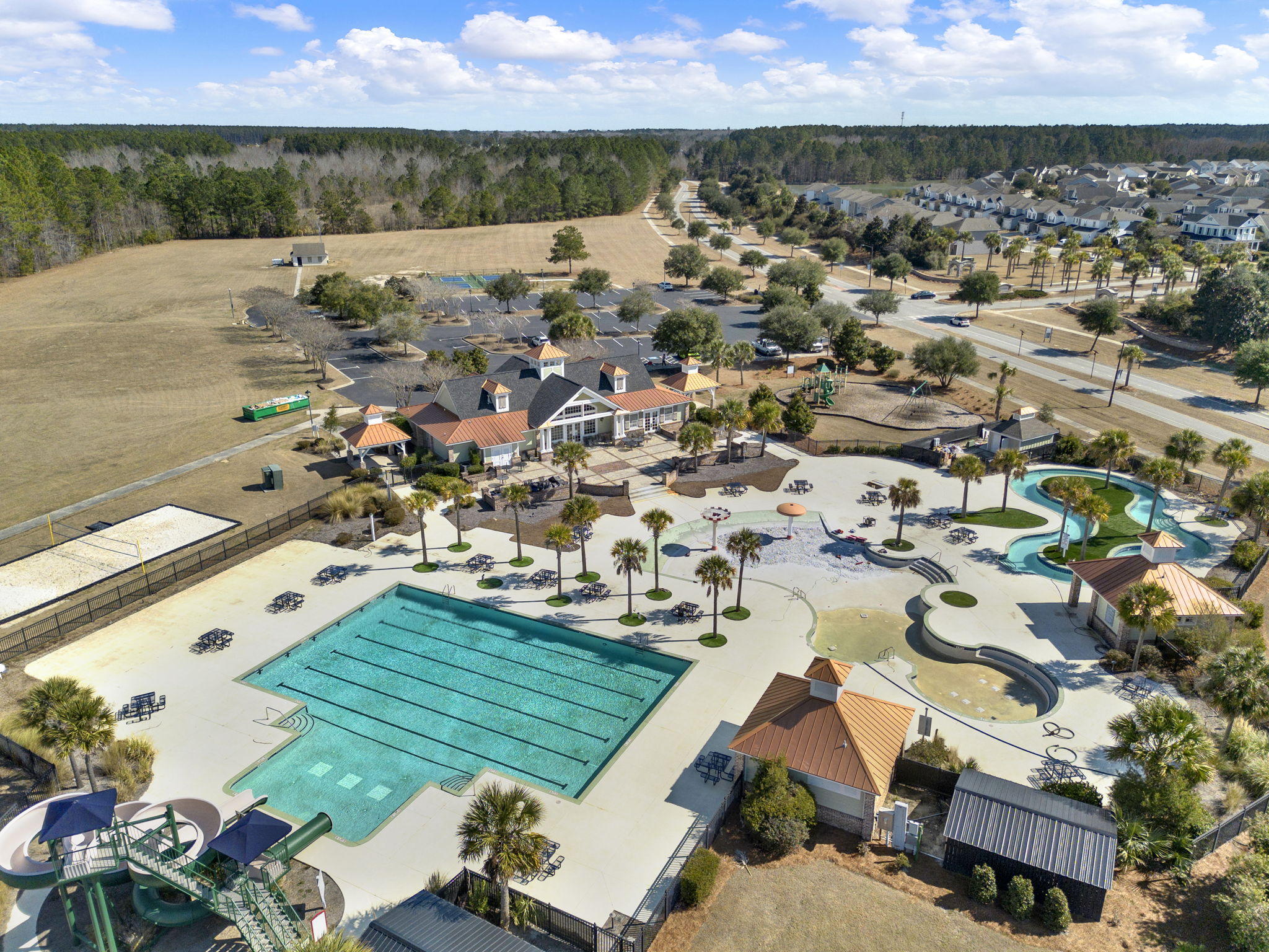 The neighborhood pool and lazy river from above