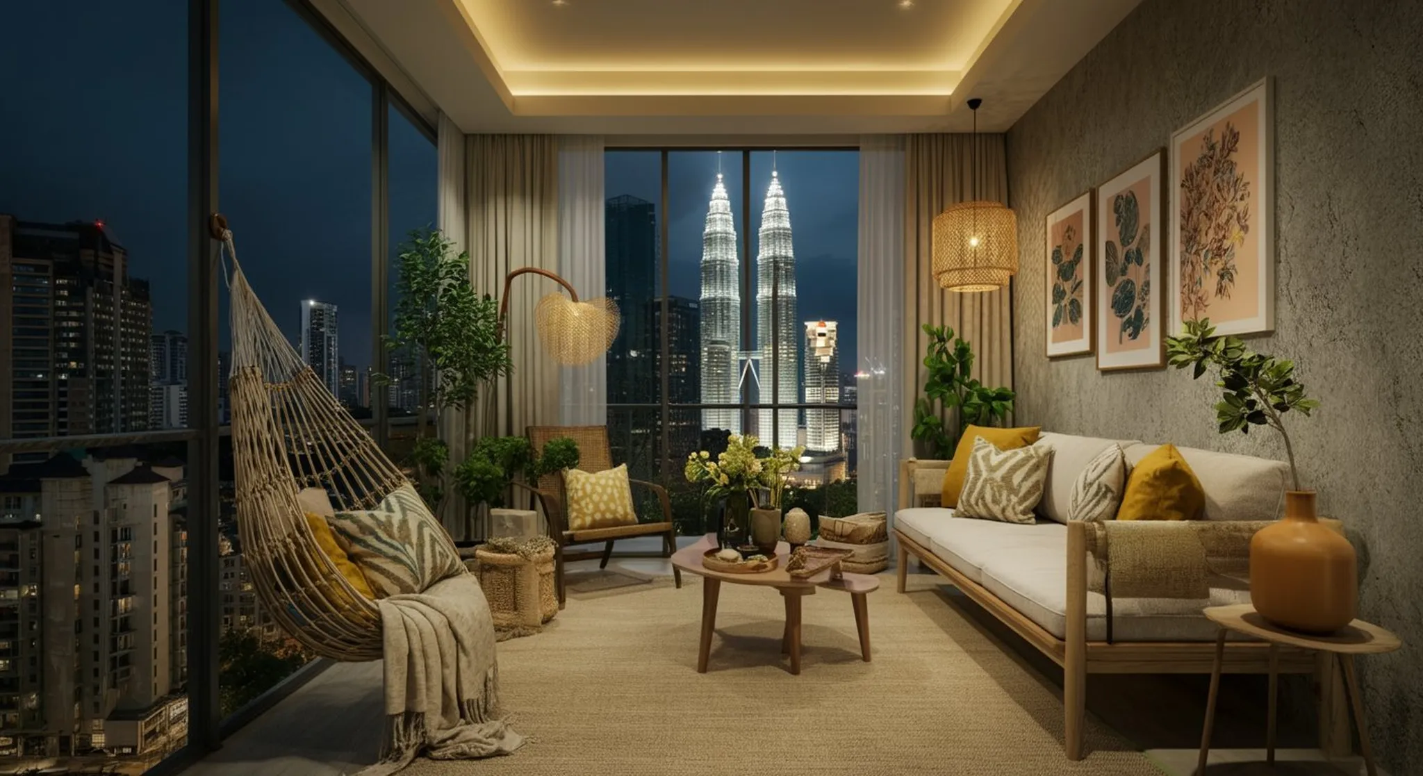 Documentary-style real photograph of Suria KLCC and the Park, direct walk in #1 airbnb & homestay management company in malaysia, golden hour, photorealistic editorial photography, no people in foregr