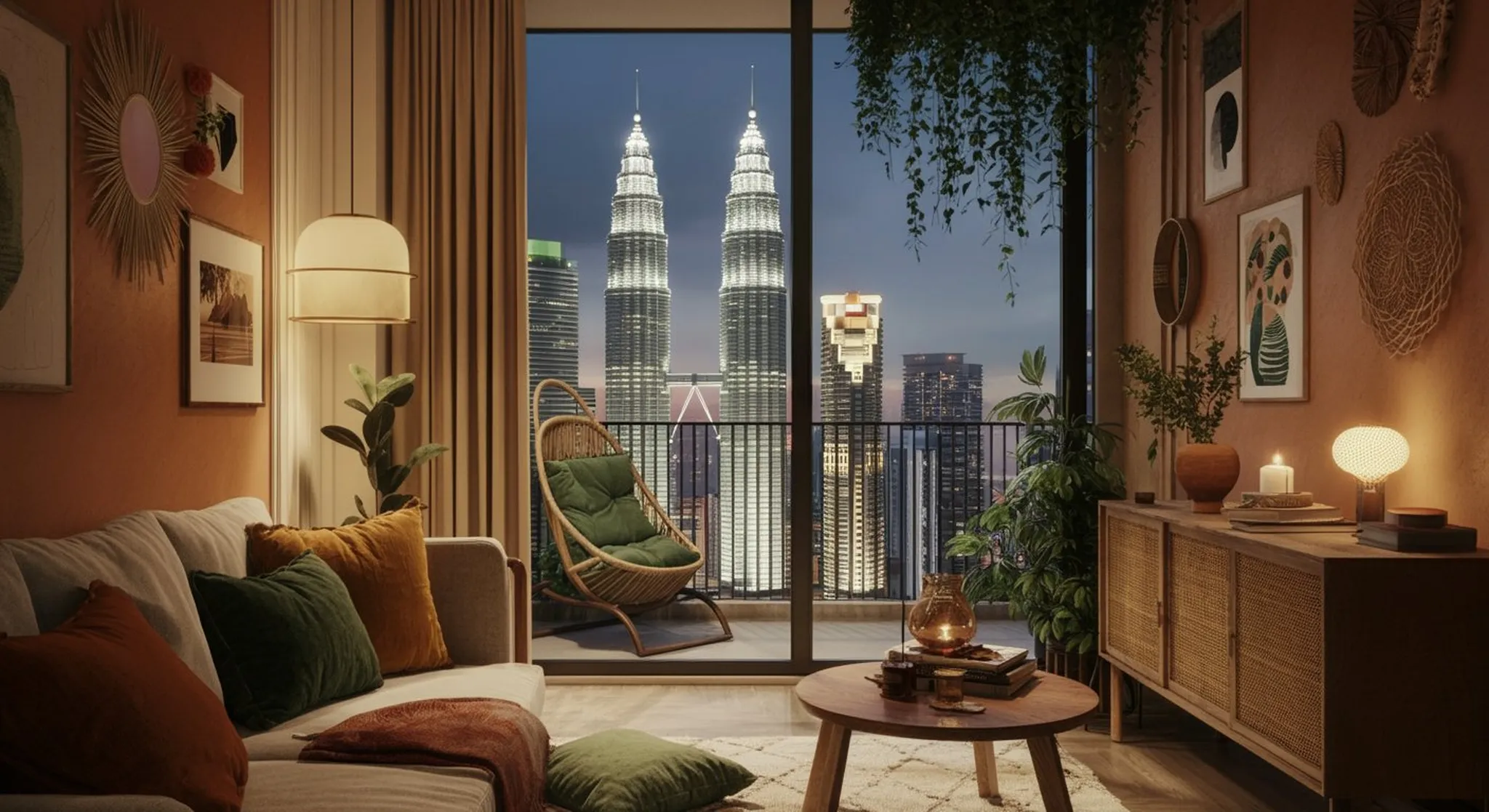 Intimate close-up still life that reinforces the section theme "Warm domestic", warm window light, shallow depth-of-field, no people. Editorial interior photography of a designer-styled Kuala Lumpur h