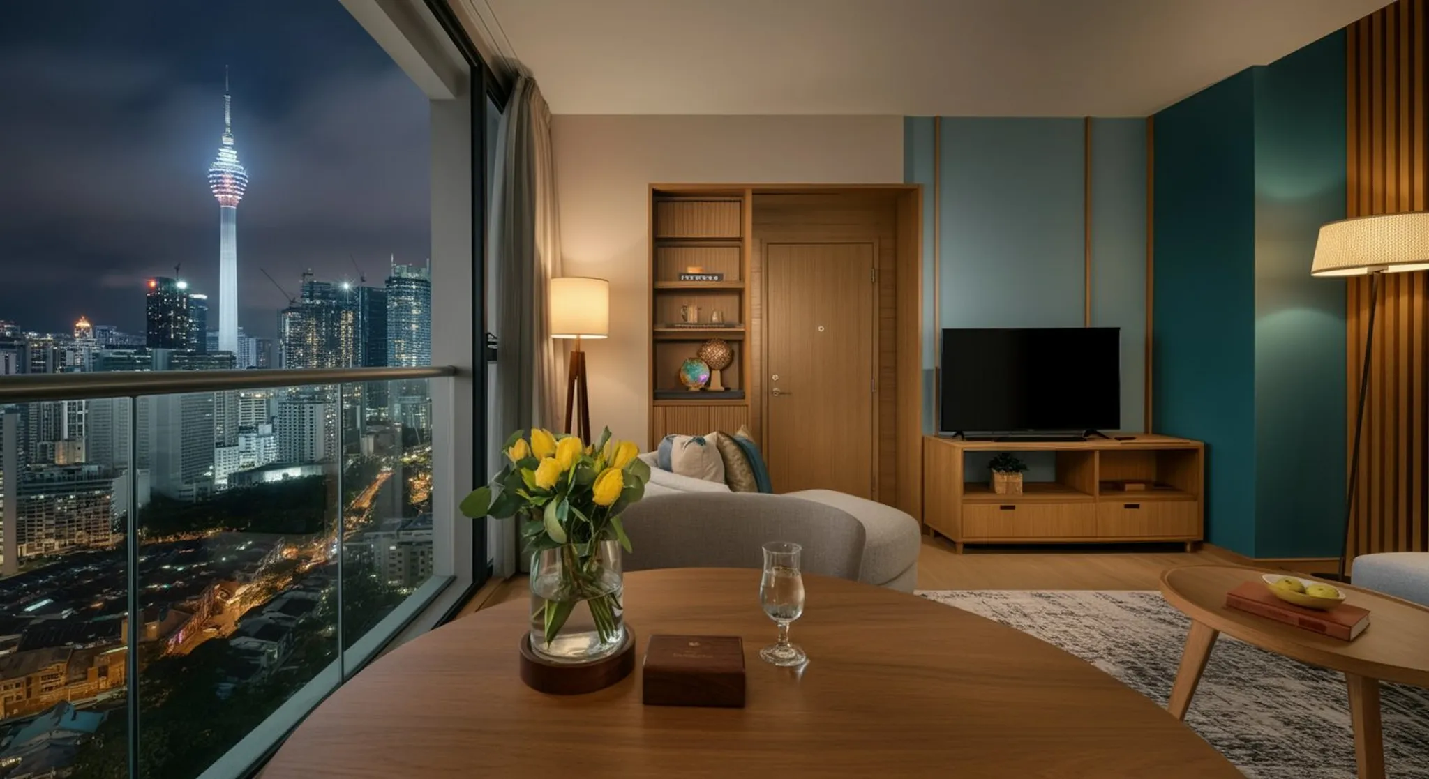 Intimate close-up still life that reinforces the section theme "Skyline-Facing Suite, KLCC-Adjacent", warm window light, shallow depth-of-field, no people. Shot on Sony A7IV with 16-35mm wide-angle le