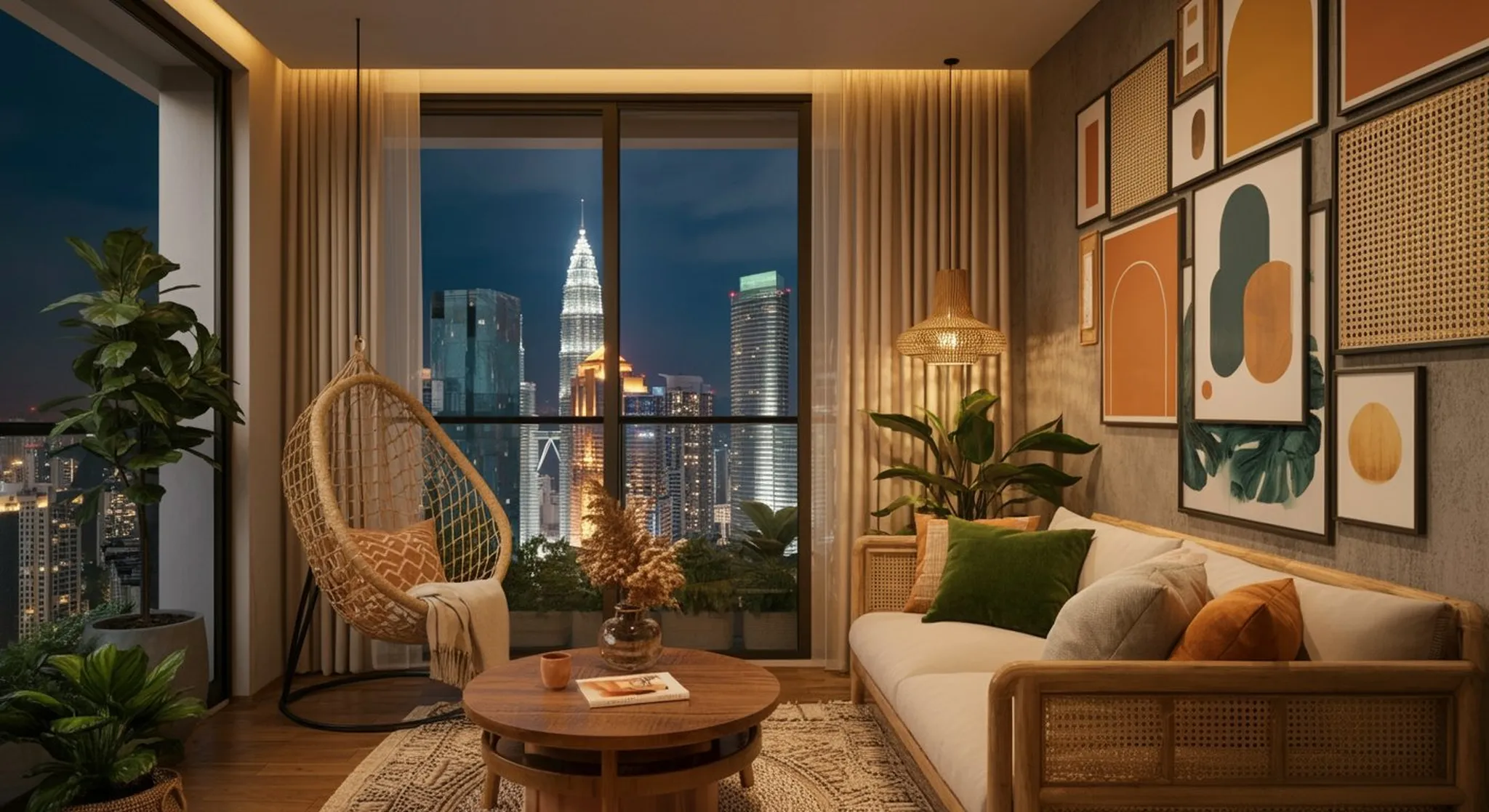 Wide atmospheric establishing shot of #1 airbnb & homestay management company in malaysia — sense of place, evocative, no people in foreground, no signage, no text overlays. Editorial interior photogr