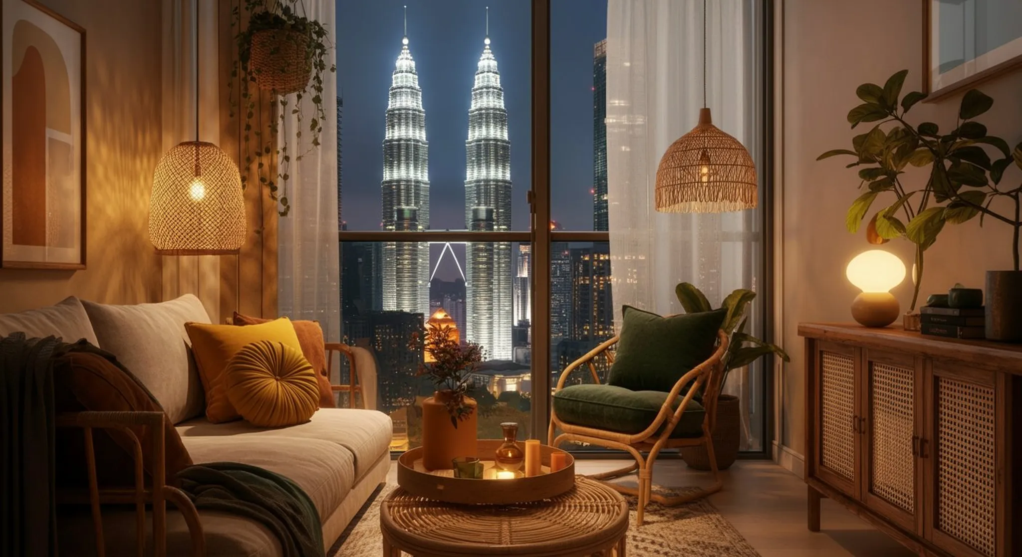 Intimate close-up still life that reinforces the section theme "Balconies facing the Petronas Towers", warm window light, shallow depth-of-field, no people. Editorial interior photography of a designe