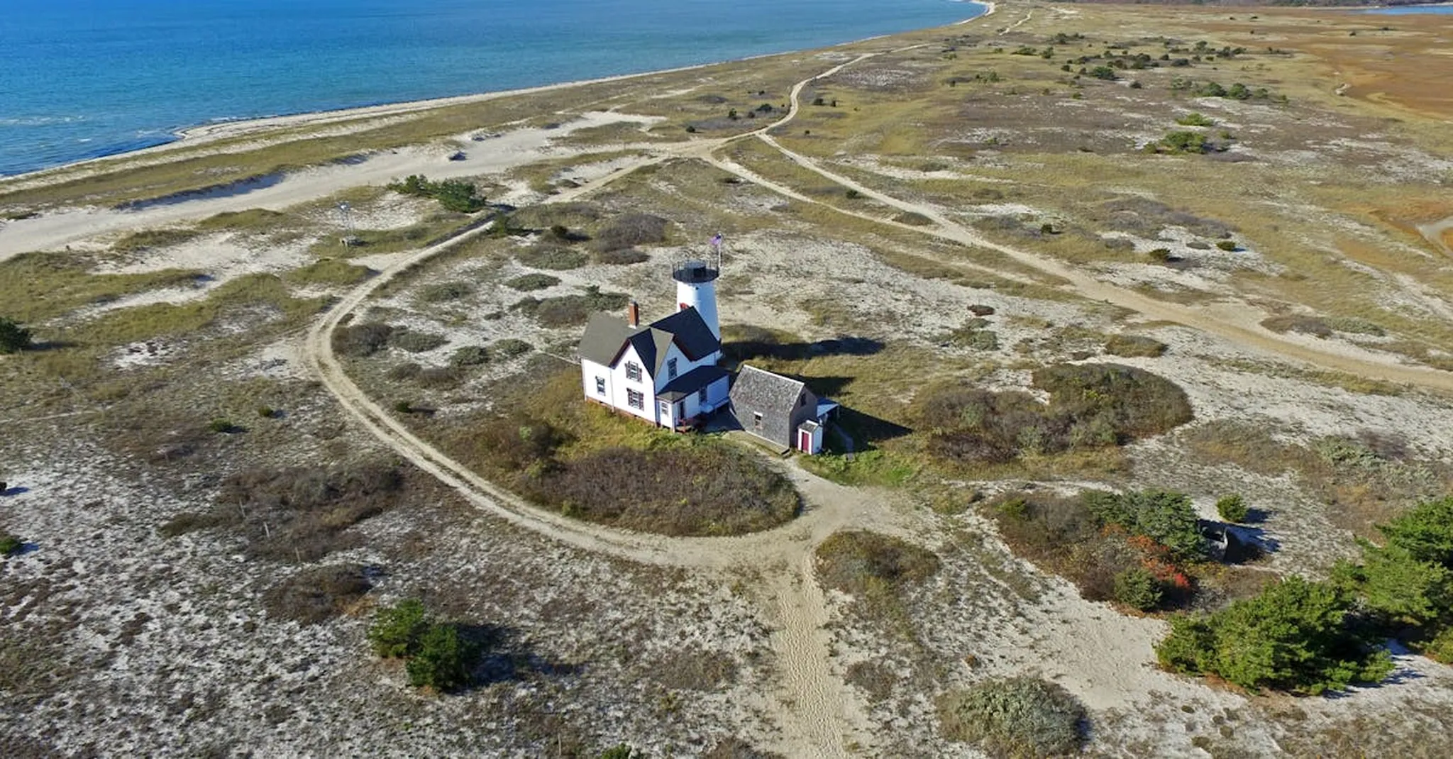 A beautiful aerial view of Chatham Lighthouse on the Cape Cod coastline in Massachusetts.