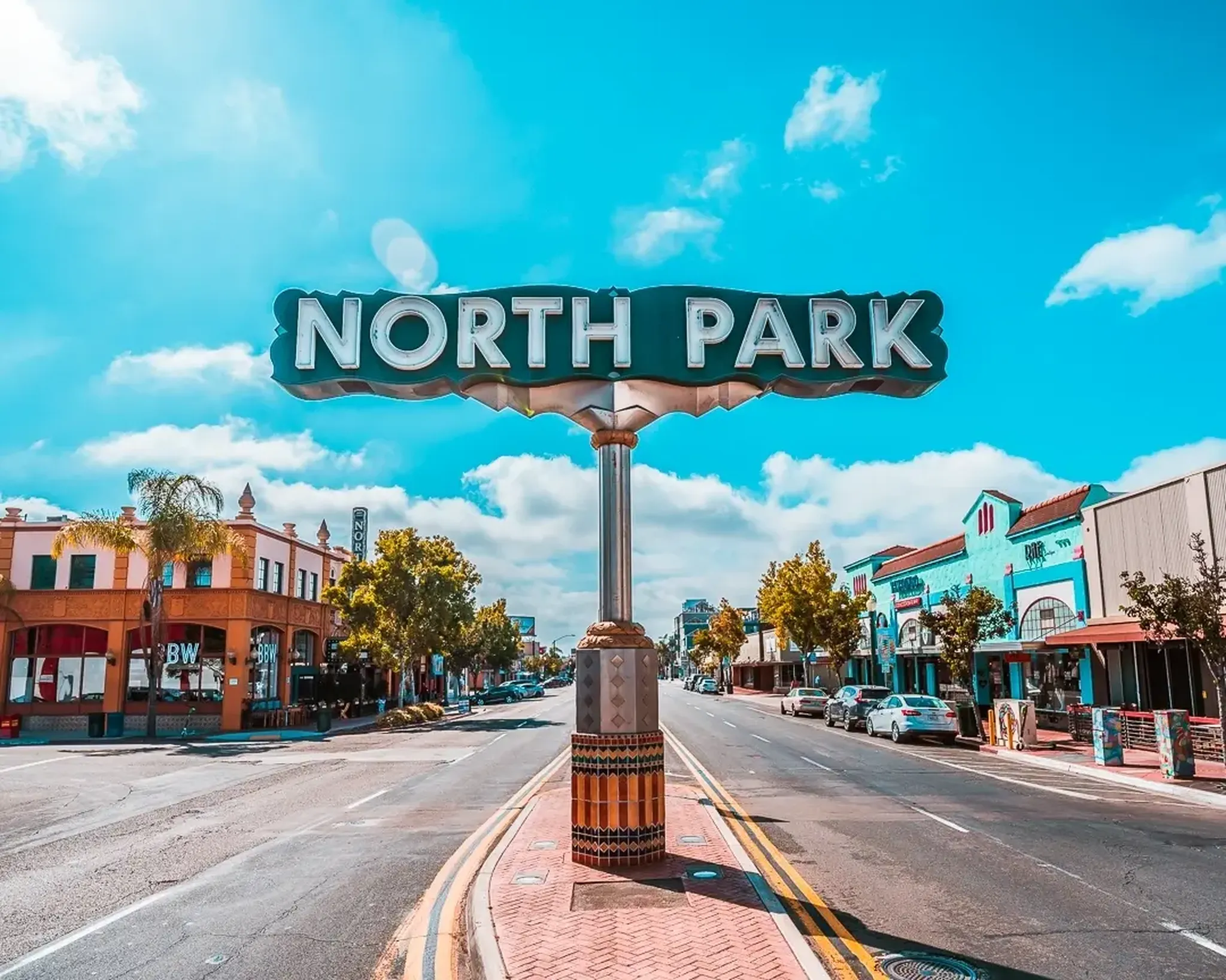North Park neighborhood sign above a street intersection with shops, parked cars, and a colorful mural under a blue sky