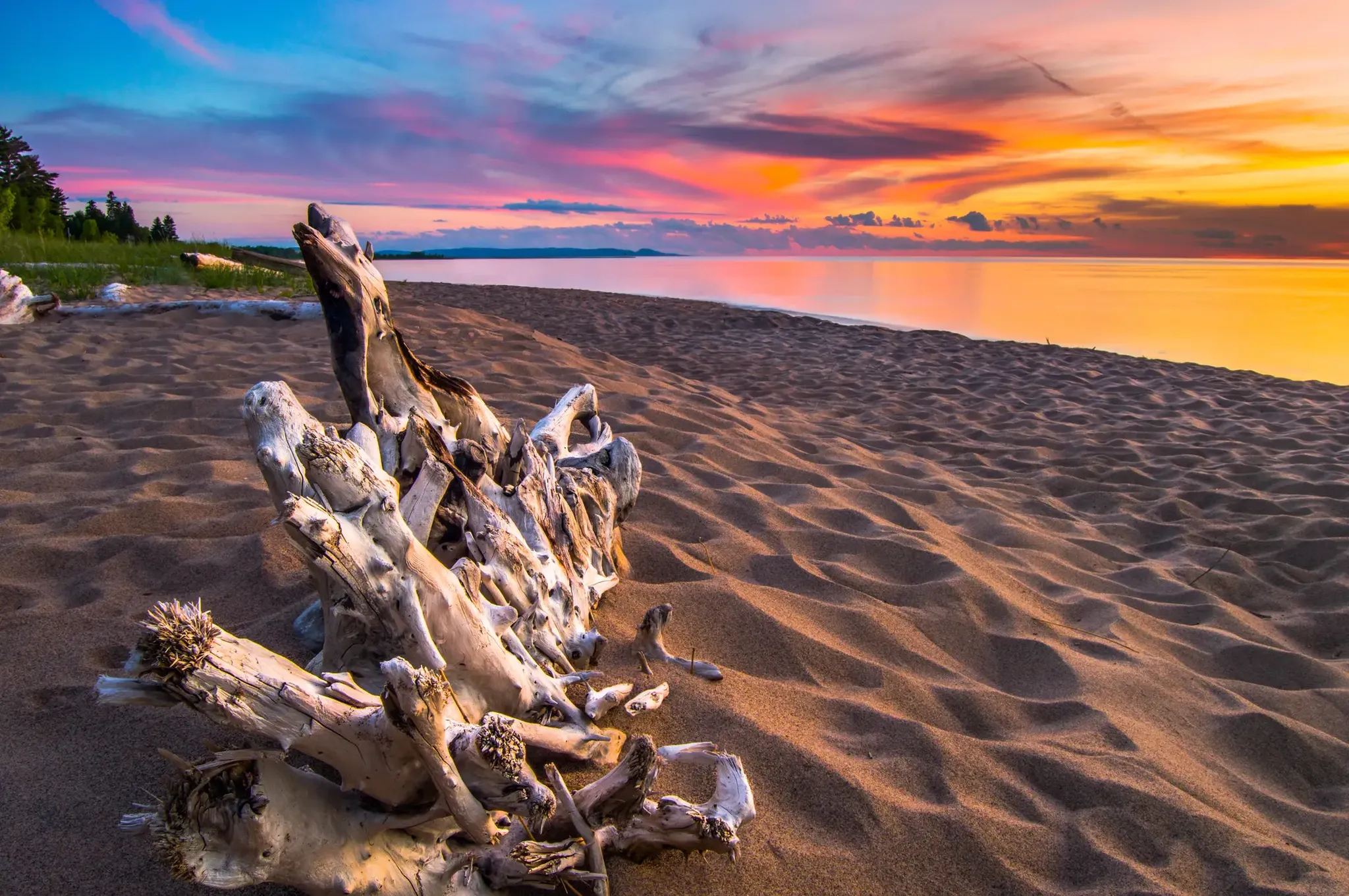 sunset along the beach with drift wood, high res